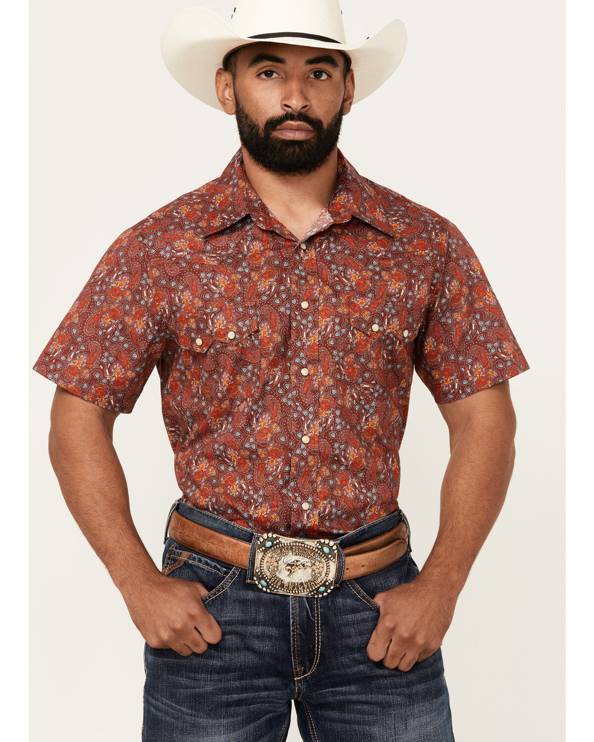 Men's Rock & Roll Denim Paisley Print Short Sleeve Snap Stretch Wester