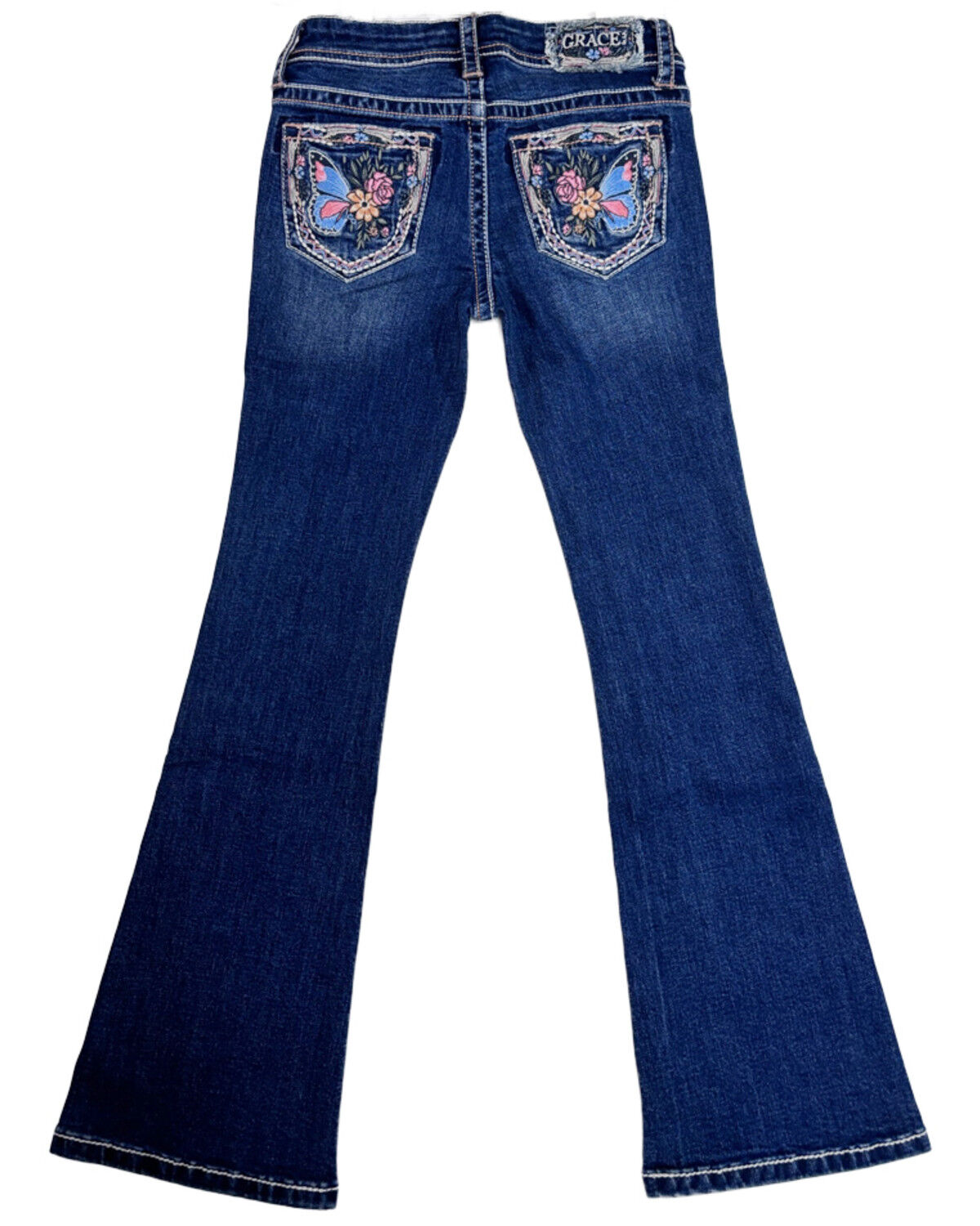 Girls' Grace in LA Medium Wash Floral Butterfly Pocket Bootcut Stretch