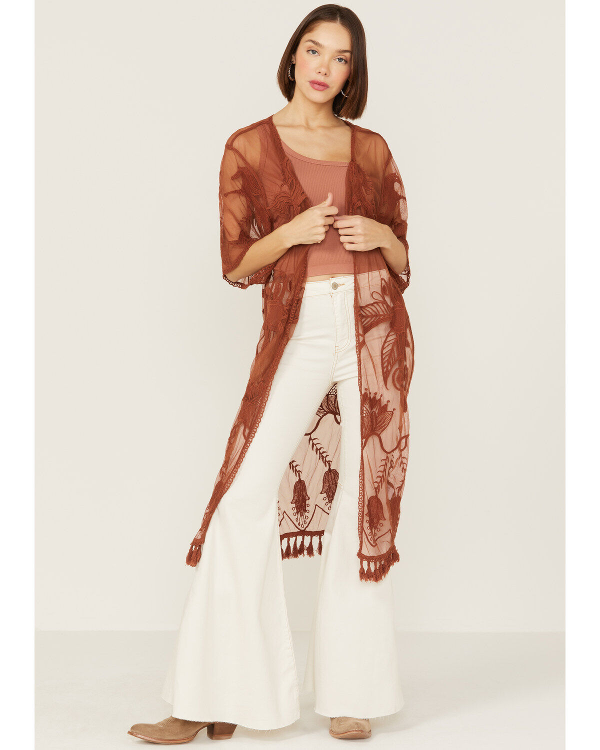 Women's Shyanne Rust Lace Tassel Kimono