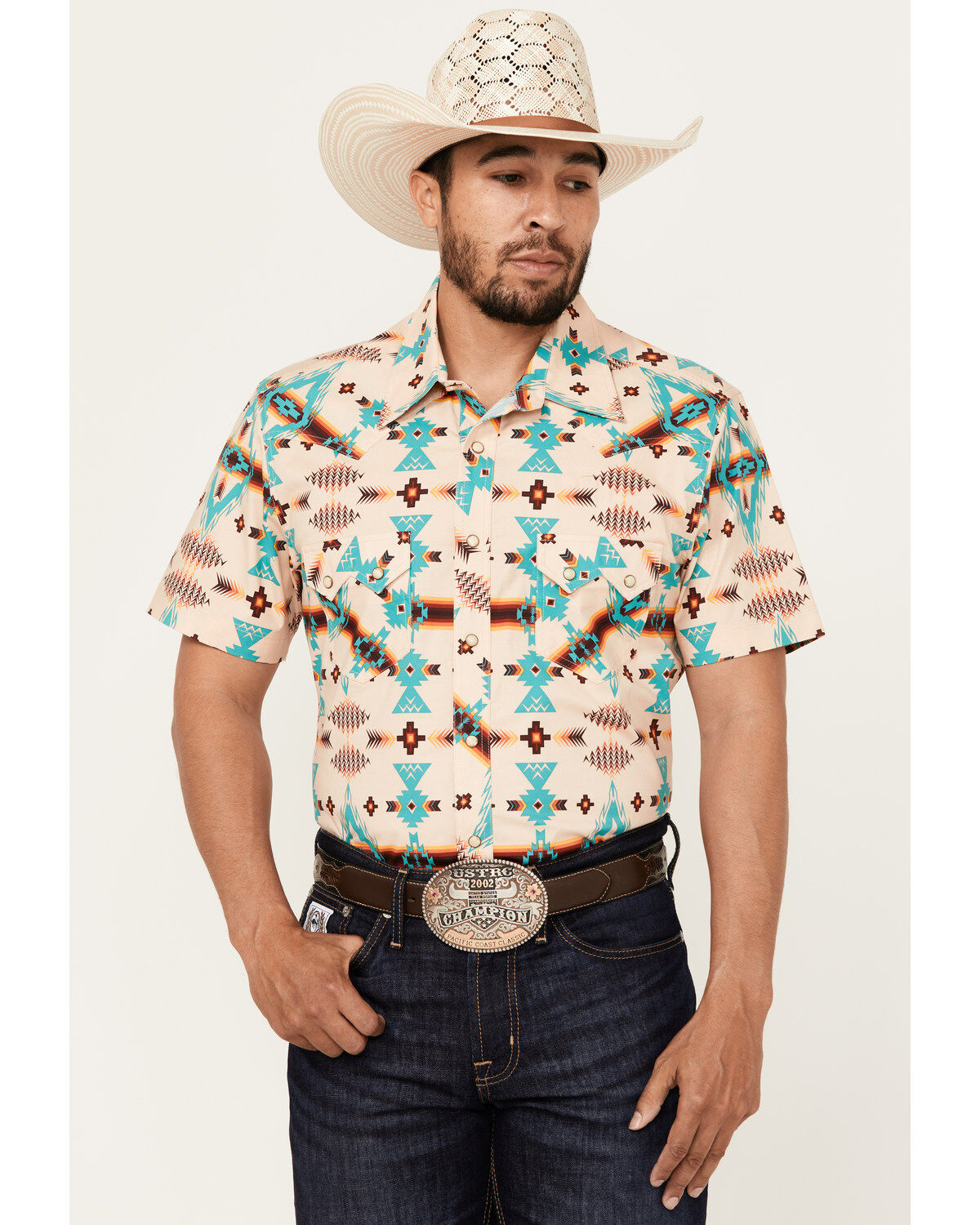 Men's Rock & Roll Denim Southwestern Print Short Sleeve Snap Stretch W