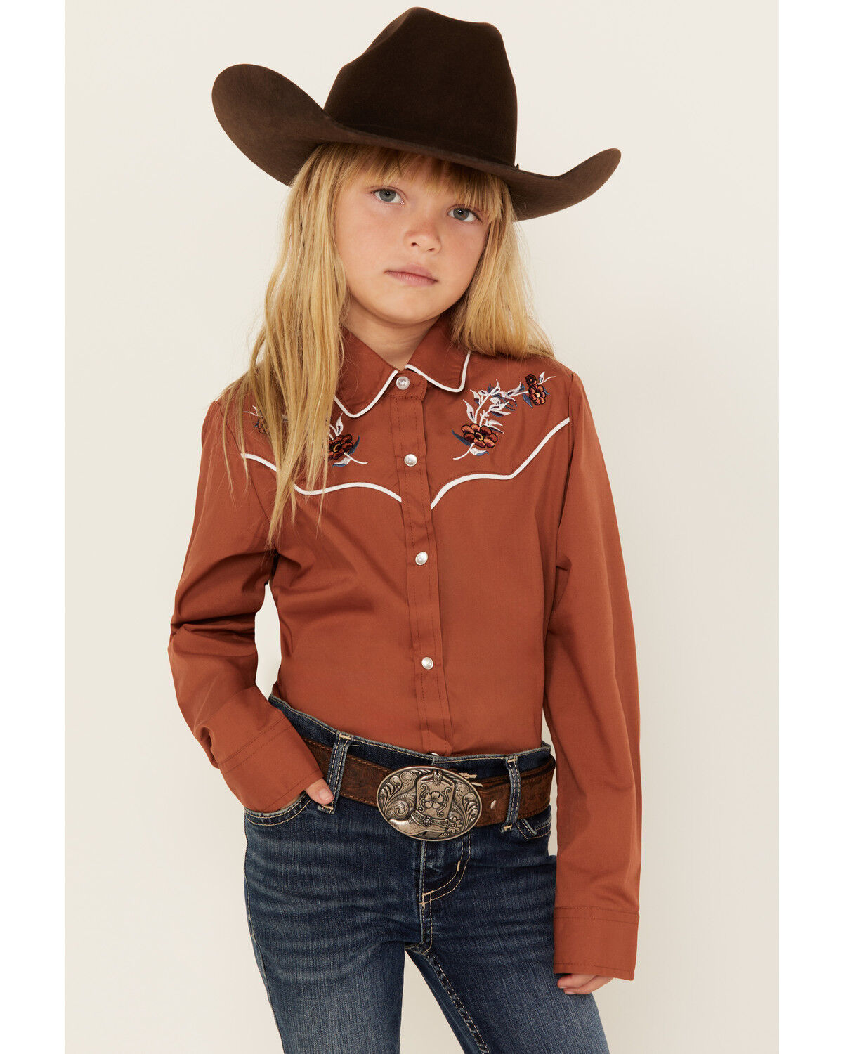 Girls' Ely Walker Floral Embroidered Long Sleeve Pearl Snap Western Sh