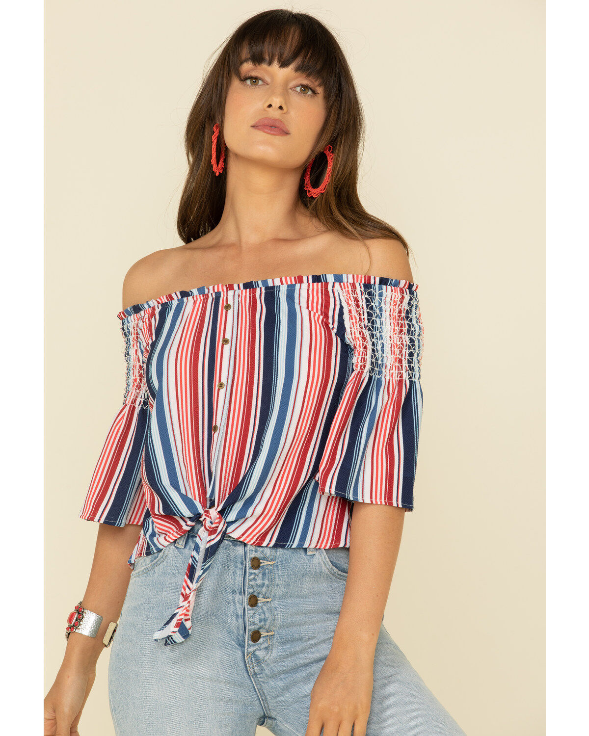 Women's Rock & Roll Denim Americana Stripe Off Shoulder Crop Top