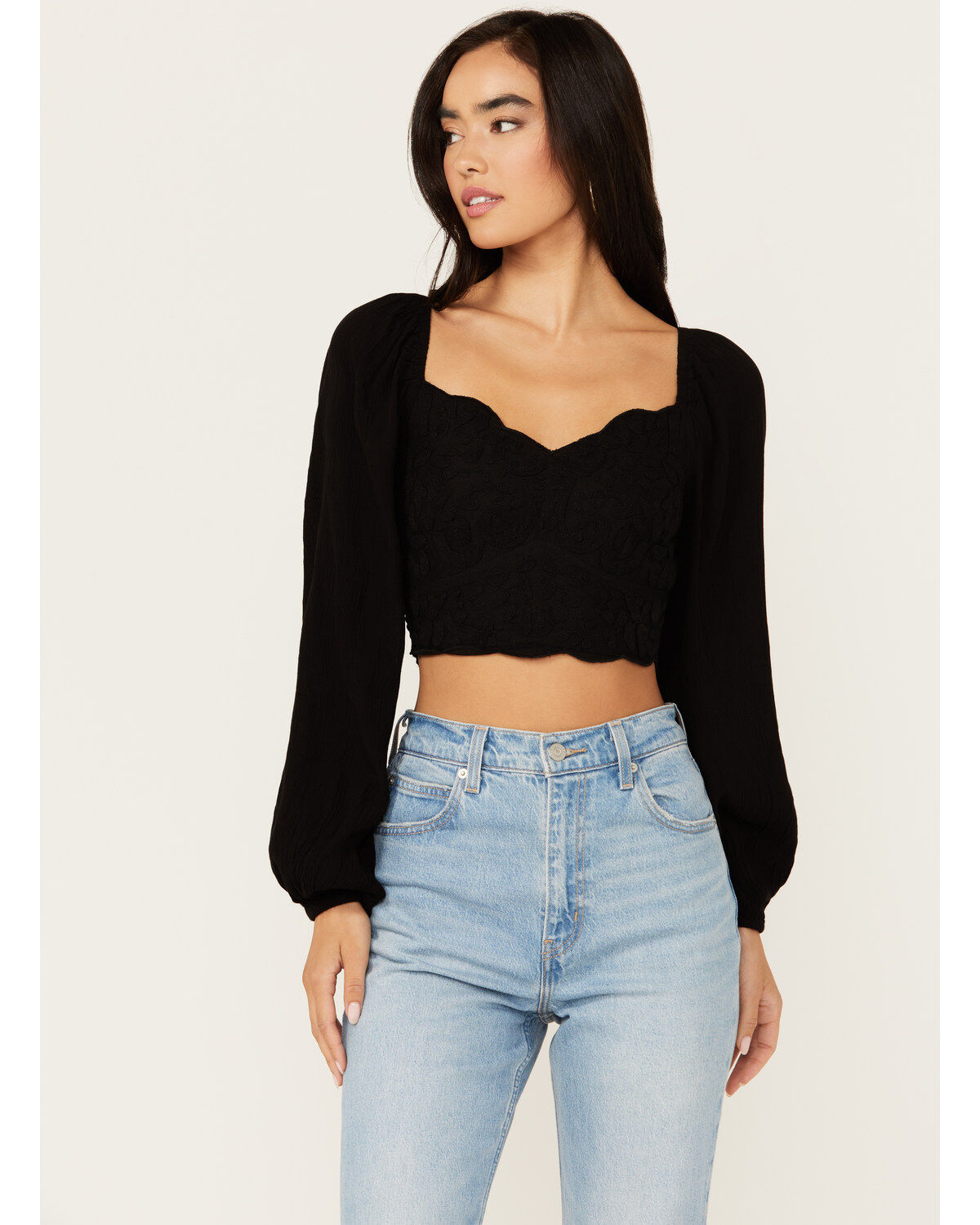Women's Shyanne Embroidered Mesh Dot Poet Sleeve Crop Top