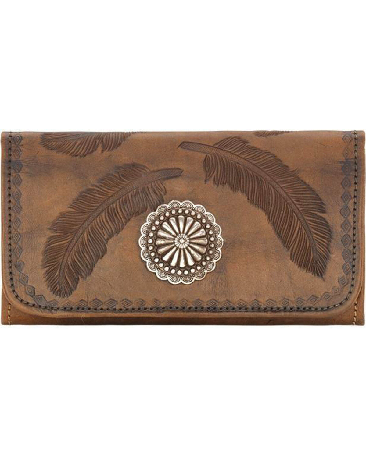 Women's American West Brown Tri-Fold Sacred Bird Feather Wallet