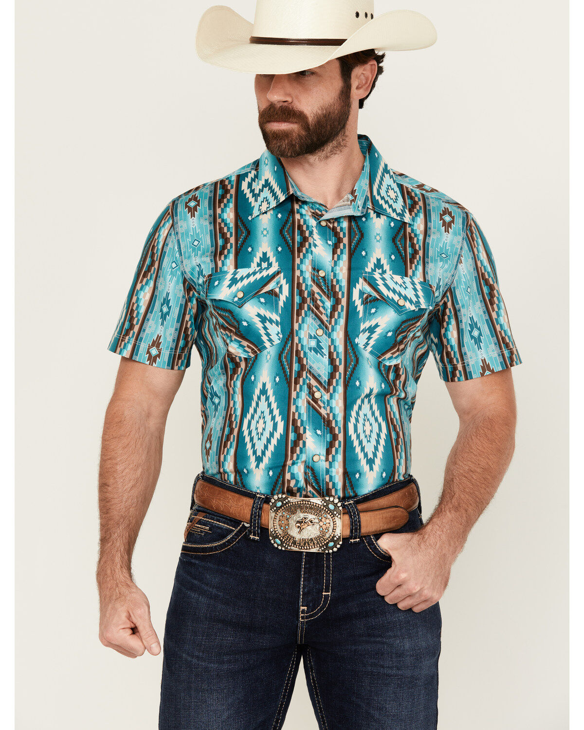 Men's Rock & Roll Denim Southwestern Print Short Sleeve Snap Stretch W