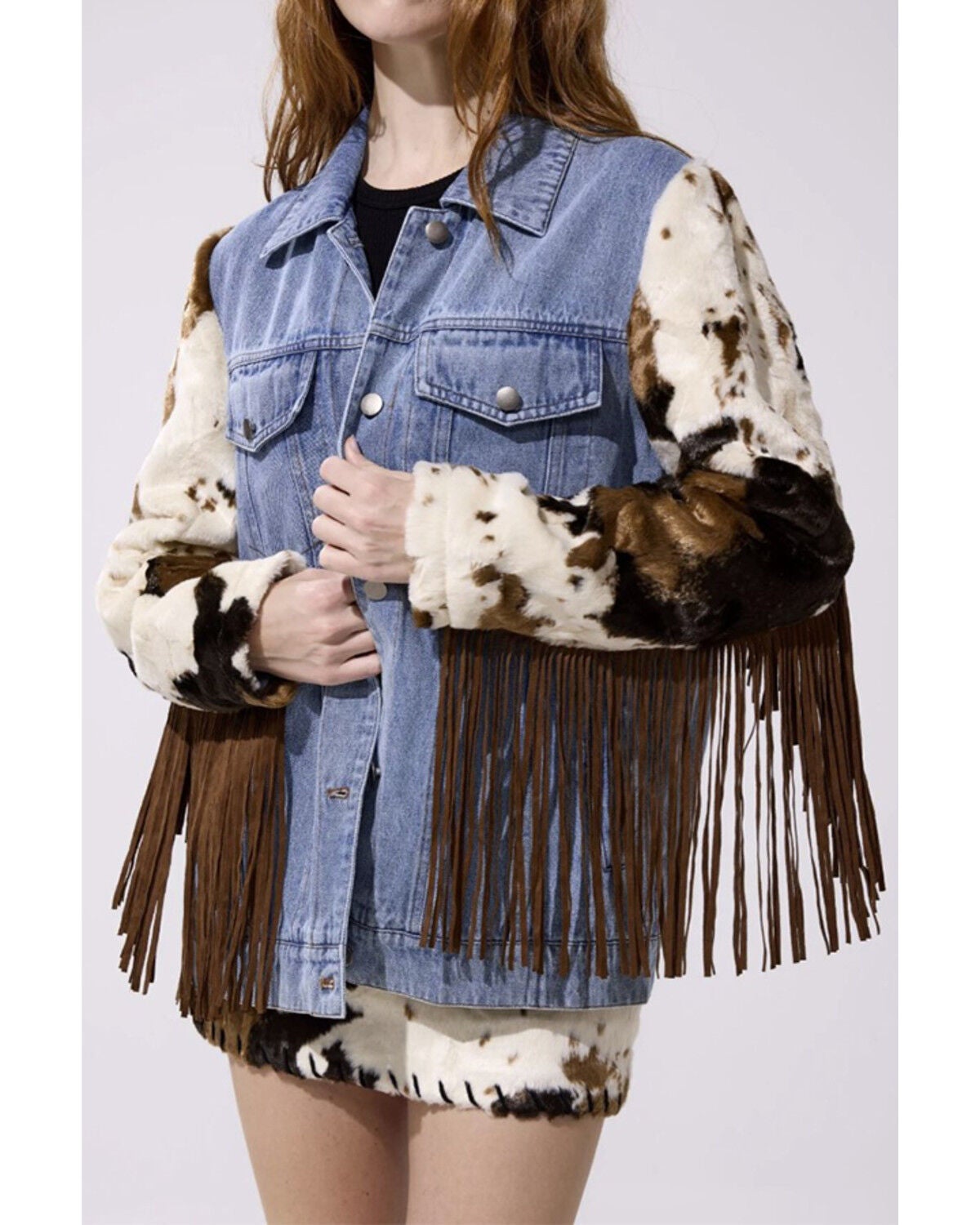 Women's Azalea Wang Cow Print Fringe Button-Down Denim Jacket