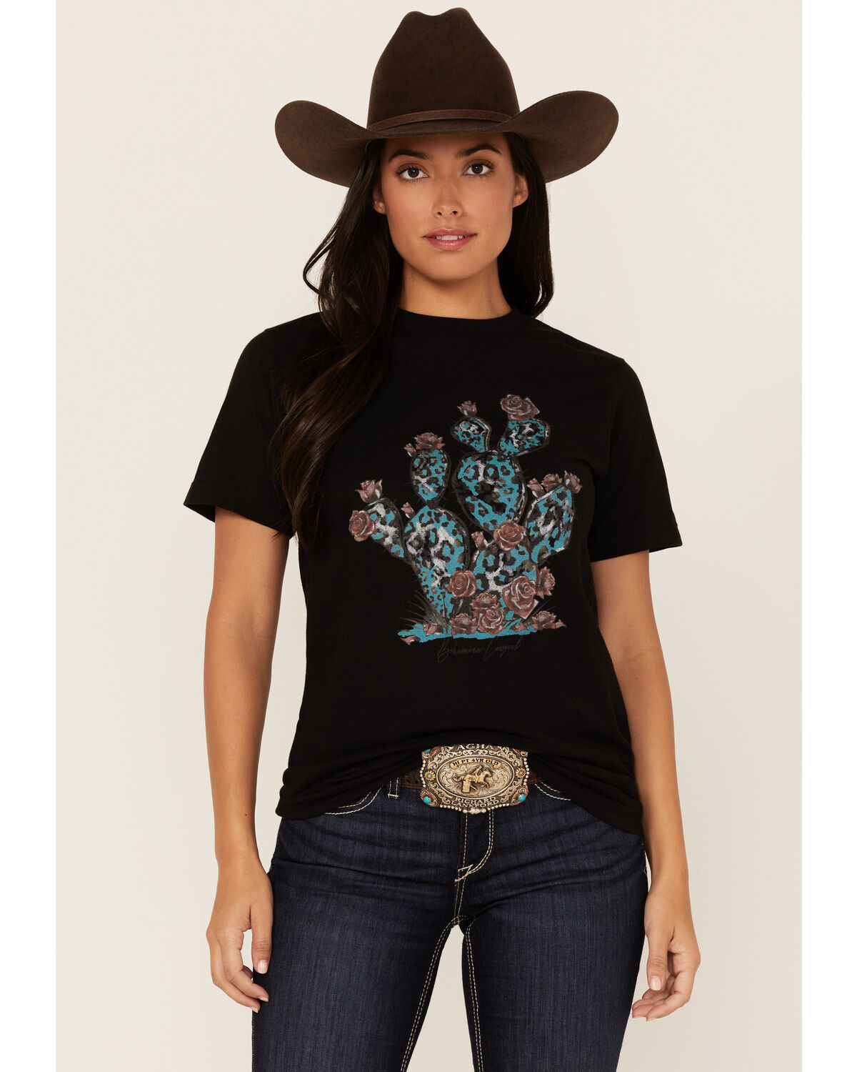 Women's Bohemian Cowgirl Leopard Print Cactus Graphic Tee