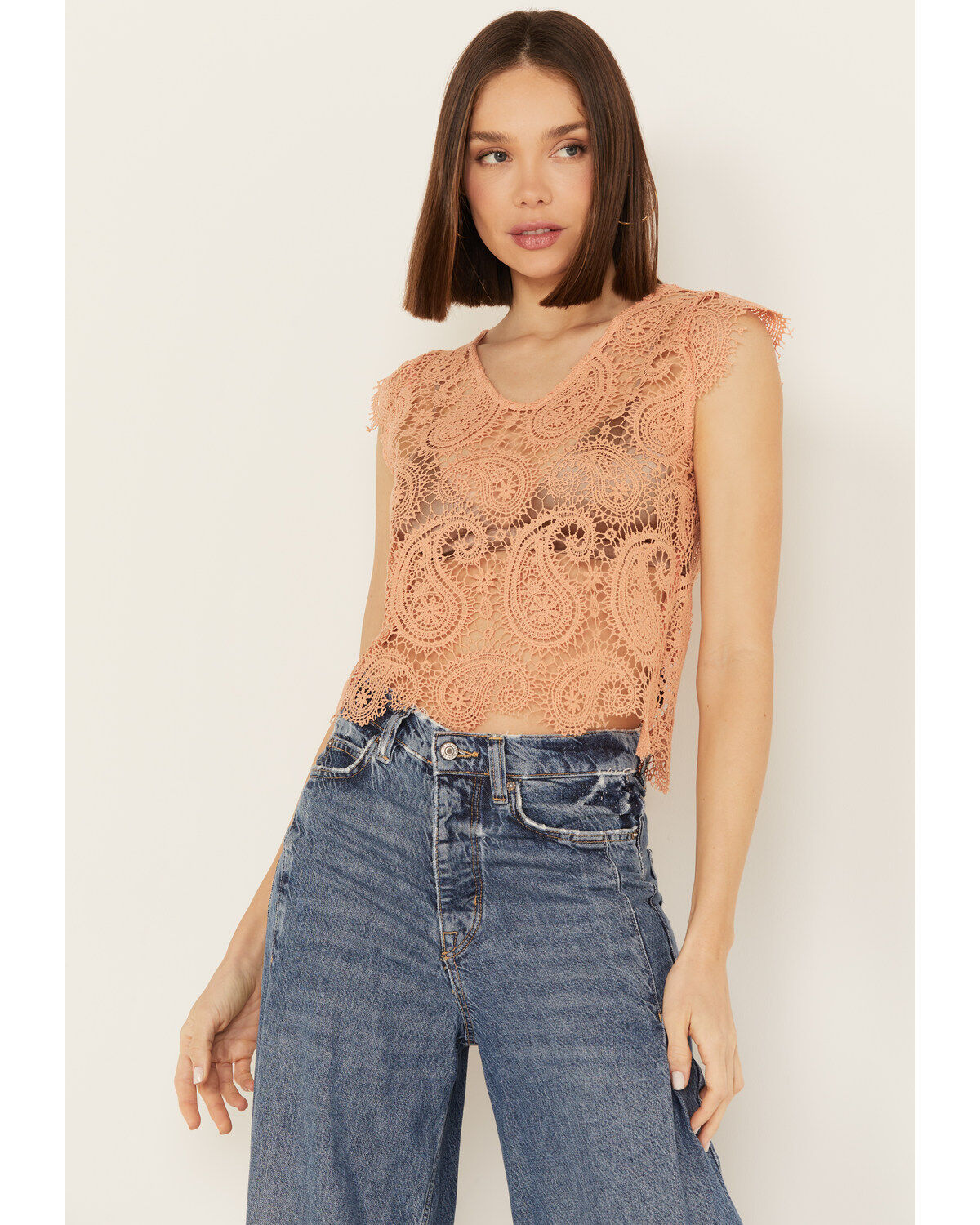 Women's Rock & Roll Denim Paisley Lace Sleeveless Tank