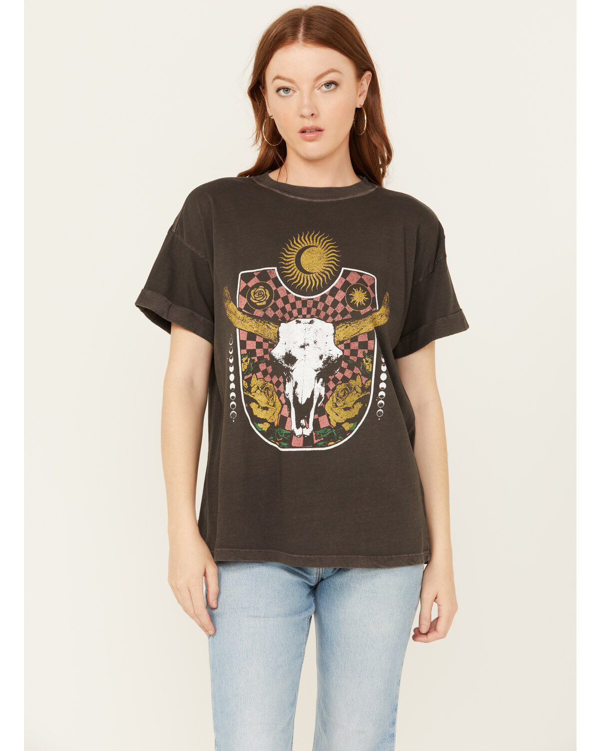 Women's Girl Dangerous Steer Head Rose Relaxed Short Sleeve Graphic Te