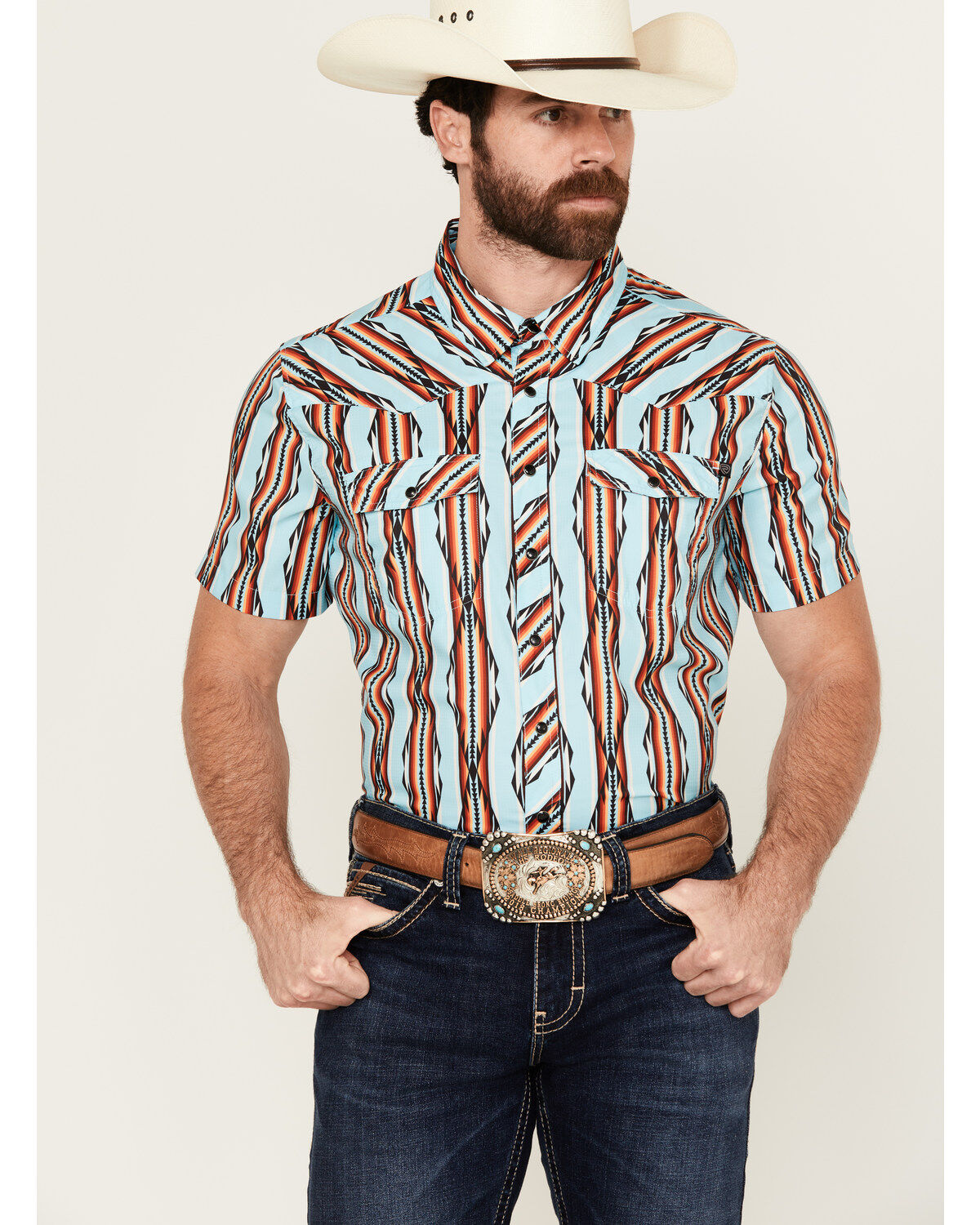 Men's Rock & Roll Denim Tek Southwestern Striped Short Sleeve Snap Wes