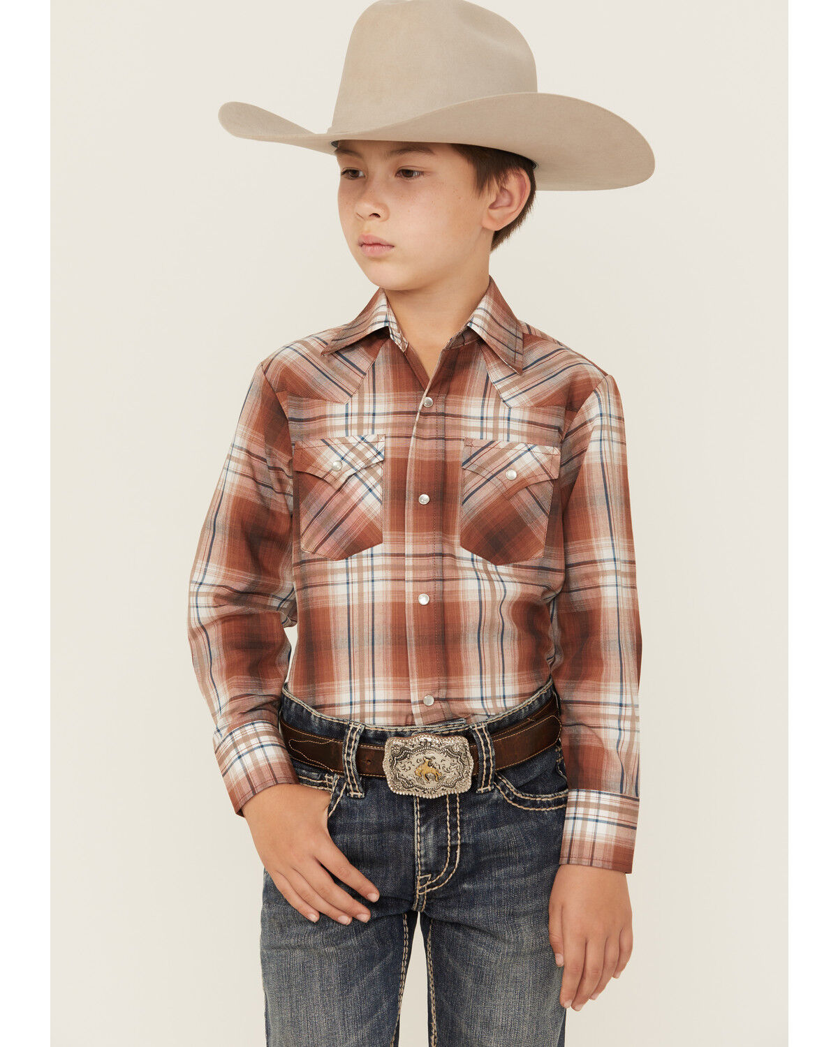 Boys' Ely Walker Plaid Print Long Sleeve Pearl Snap Western Shirt