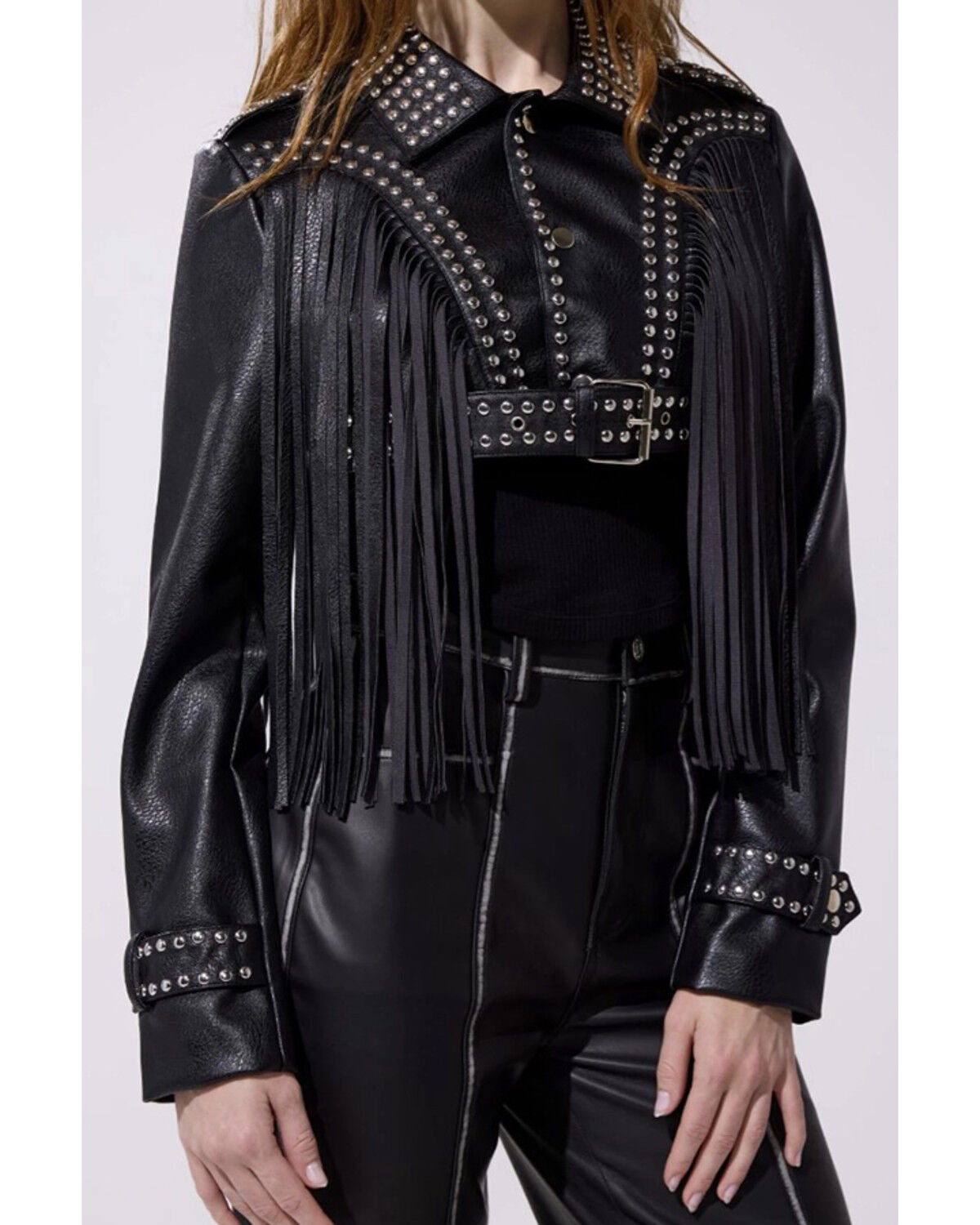 Women's Azalea Wang Faux Leather Studded Fringe Cropped Jacket