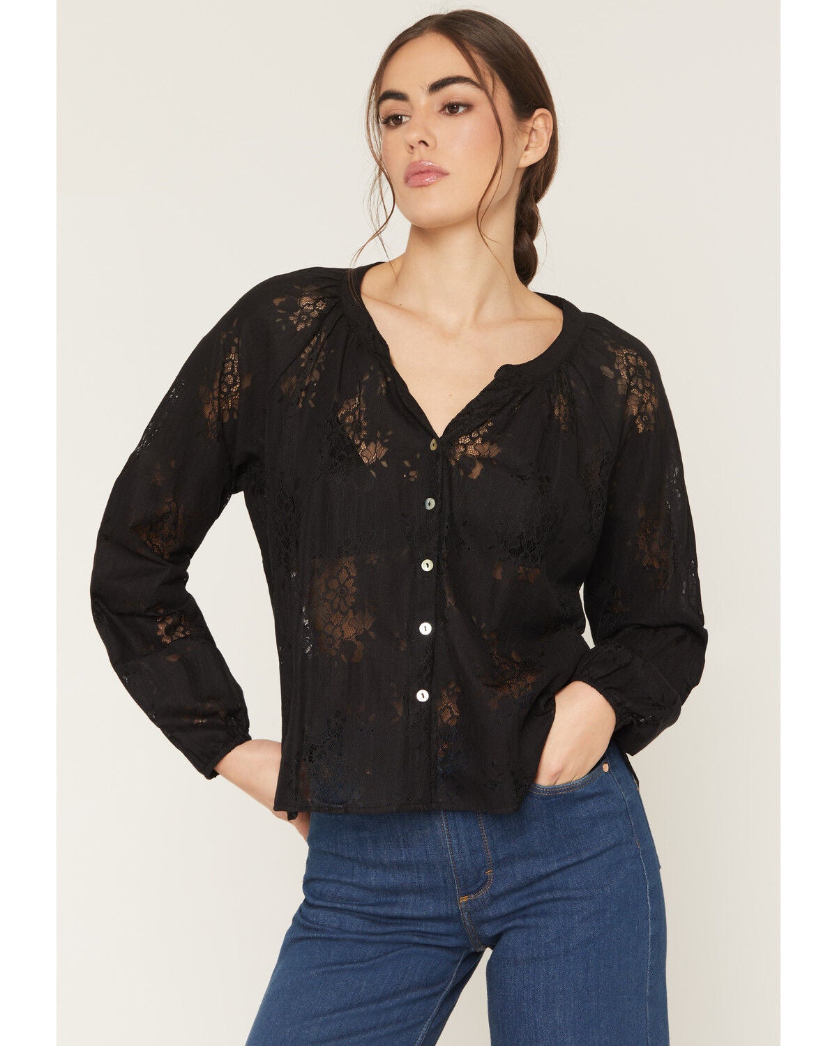 Women's Wild Moss Solid Lace Long Sleeve Button-Down Peasant Top