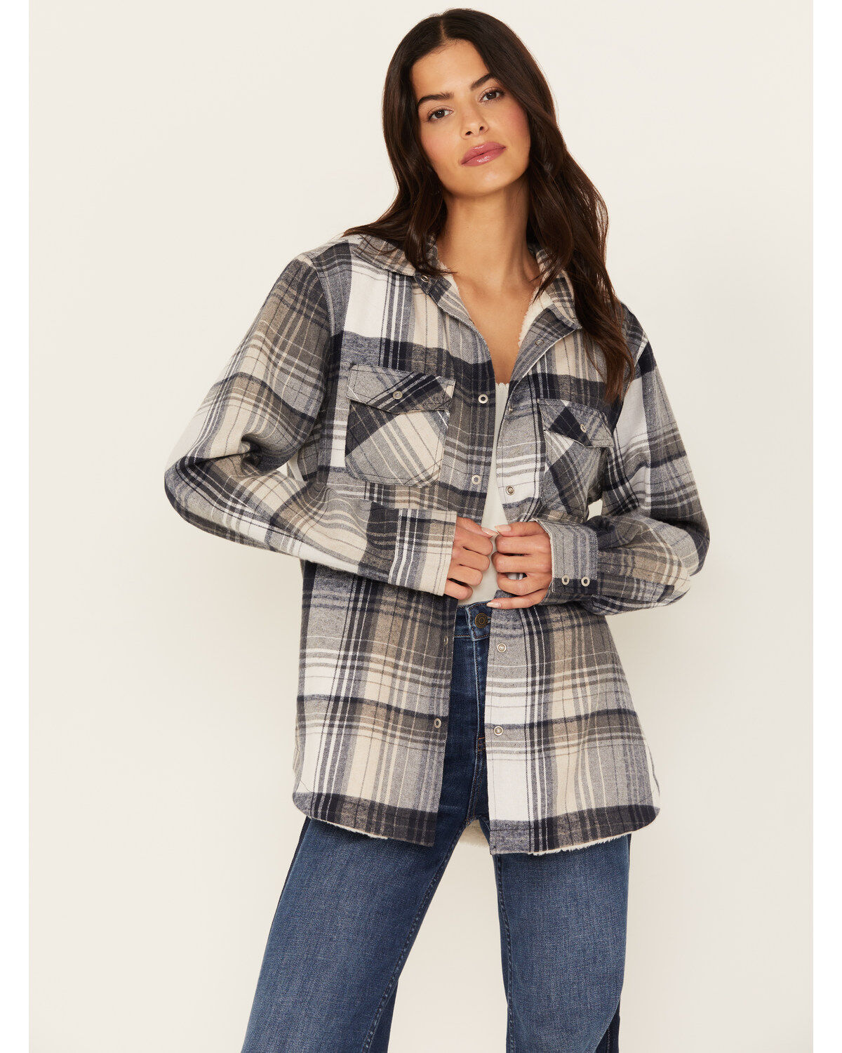 Women's Pacific Teaze Plaid Print Sherpa Lined Shacket