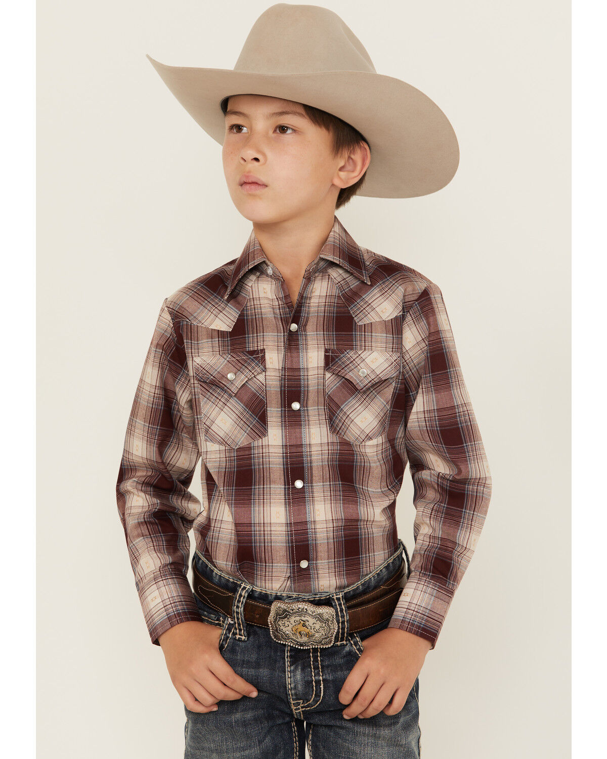 Boys' Ely Walker Plaid Print Long Sleeve Pearl Snap Western Shirt