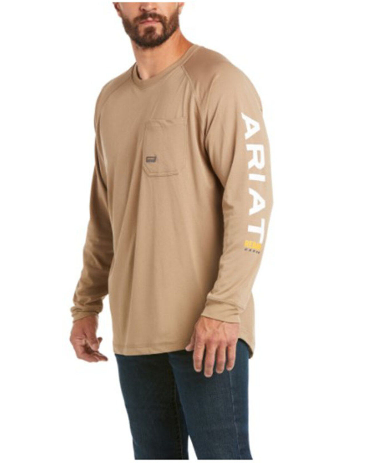 Men's Ariat Khaki Rebar Heat Fighter Long Sleeve Work Pocket T-Shirt -