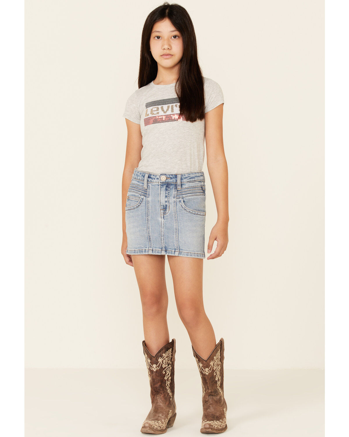 Girls' Rock & Roll Denim Light Wash Seamed Front Denim Skirt