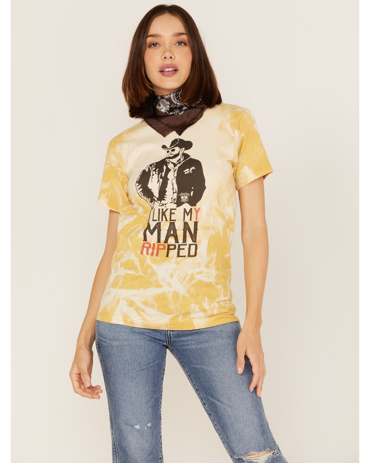 Women's Bohemian Cowgirl Like My Man Ripped Graphic Bleach Spray Tee