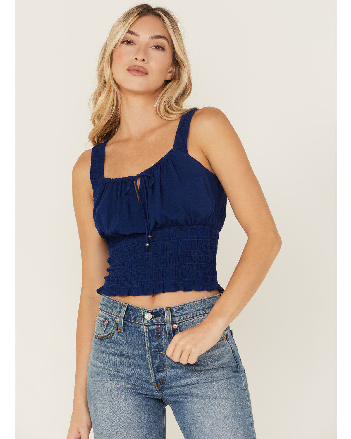 Women's Shyanne Solid Jacquard Smocked Sleeveless Tank Top