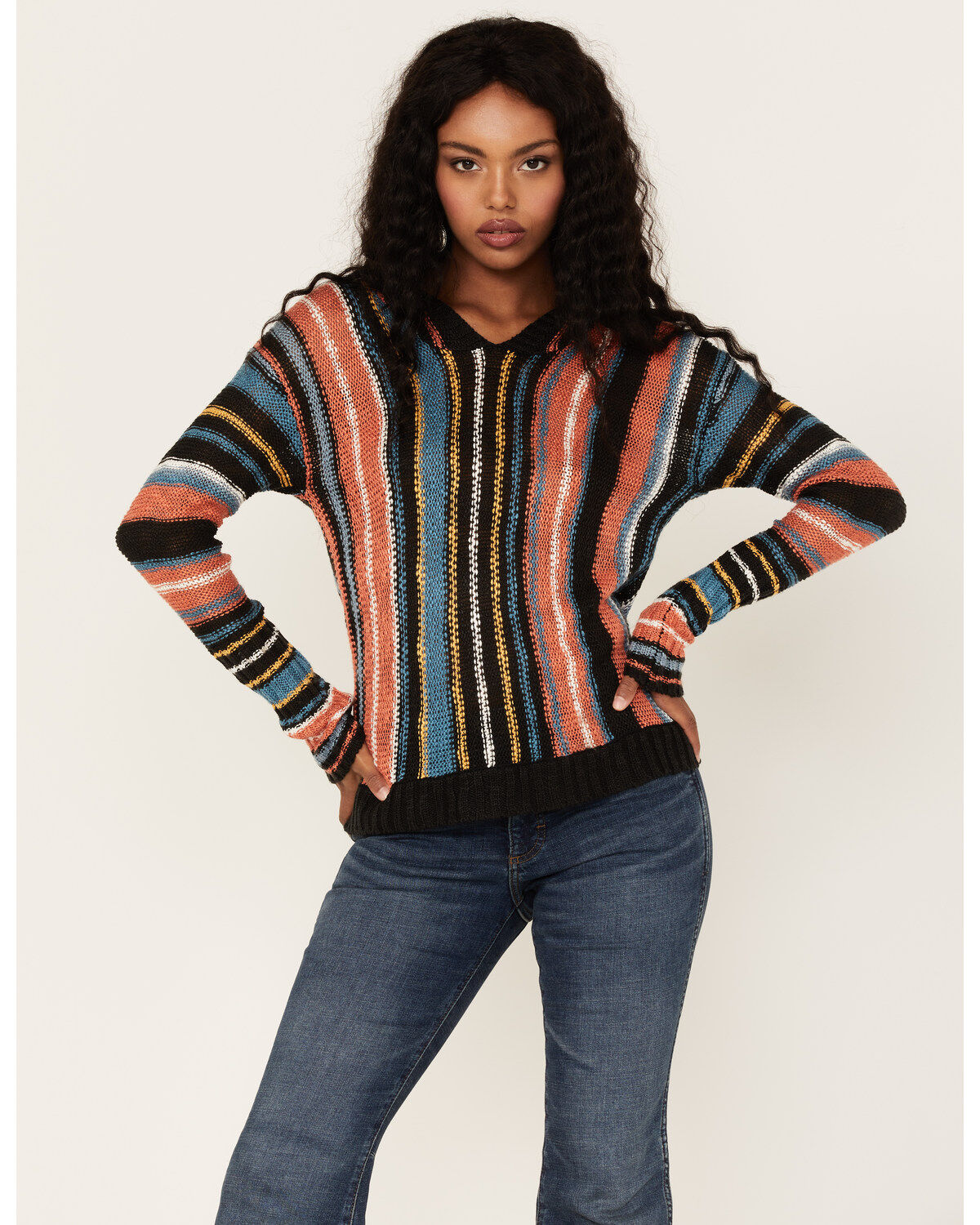 Women's Rock & Roll Denim Serape Stripe Knit Hooded Sweater