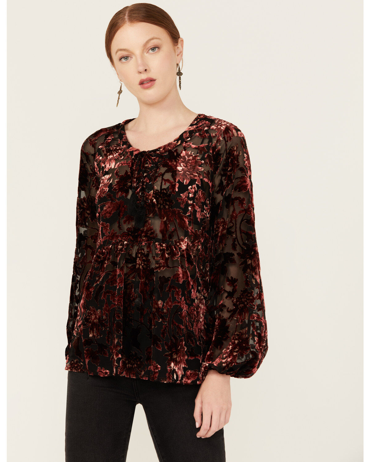 Women's Shyanne Burnout Velvet Peasant Lace-Up Top