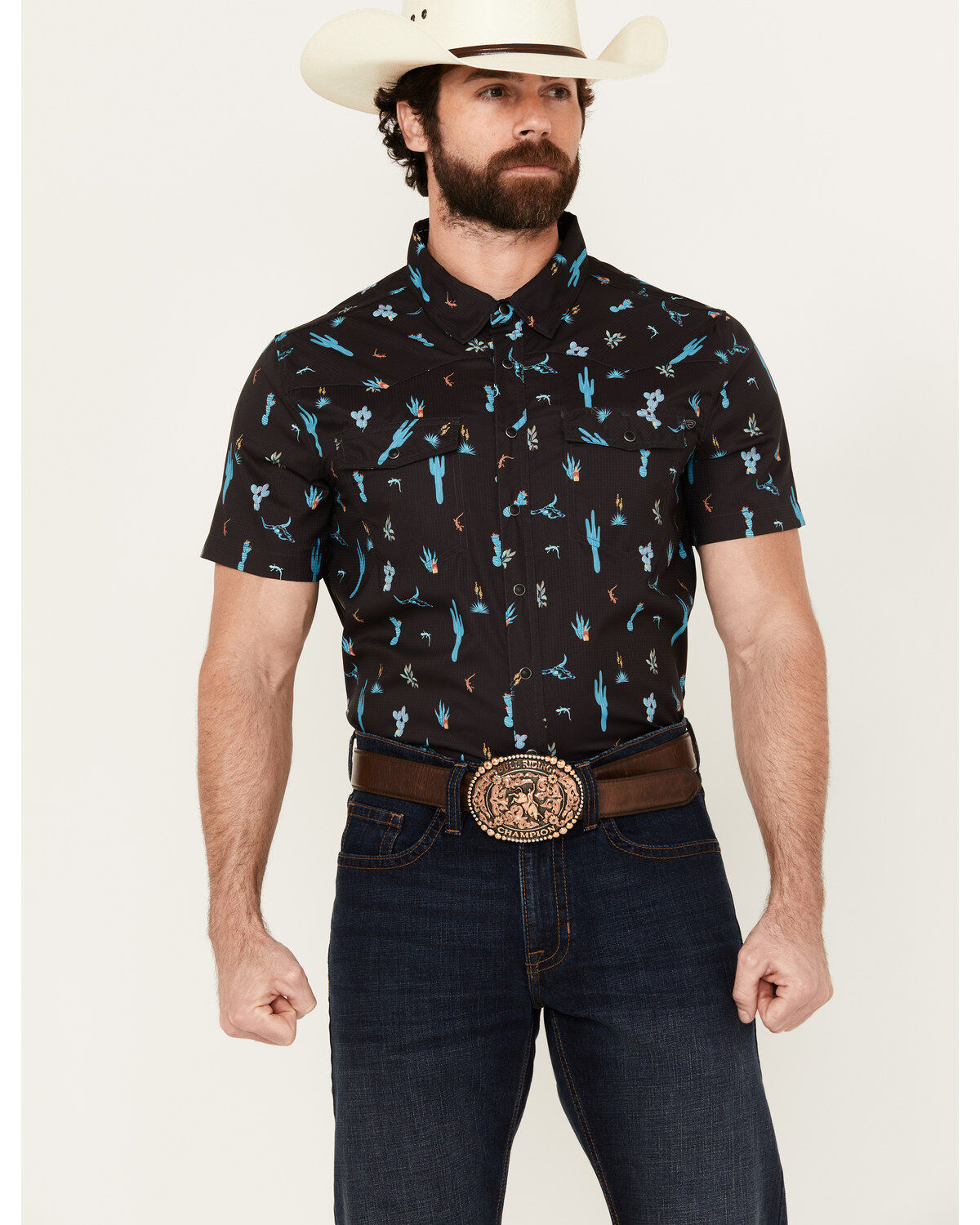 Men's Rock & Roll Denim Tek Cactus Print Short Sleeve Snap Western Shi
