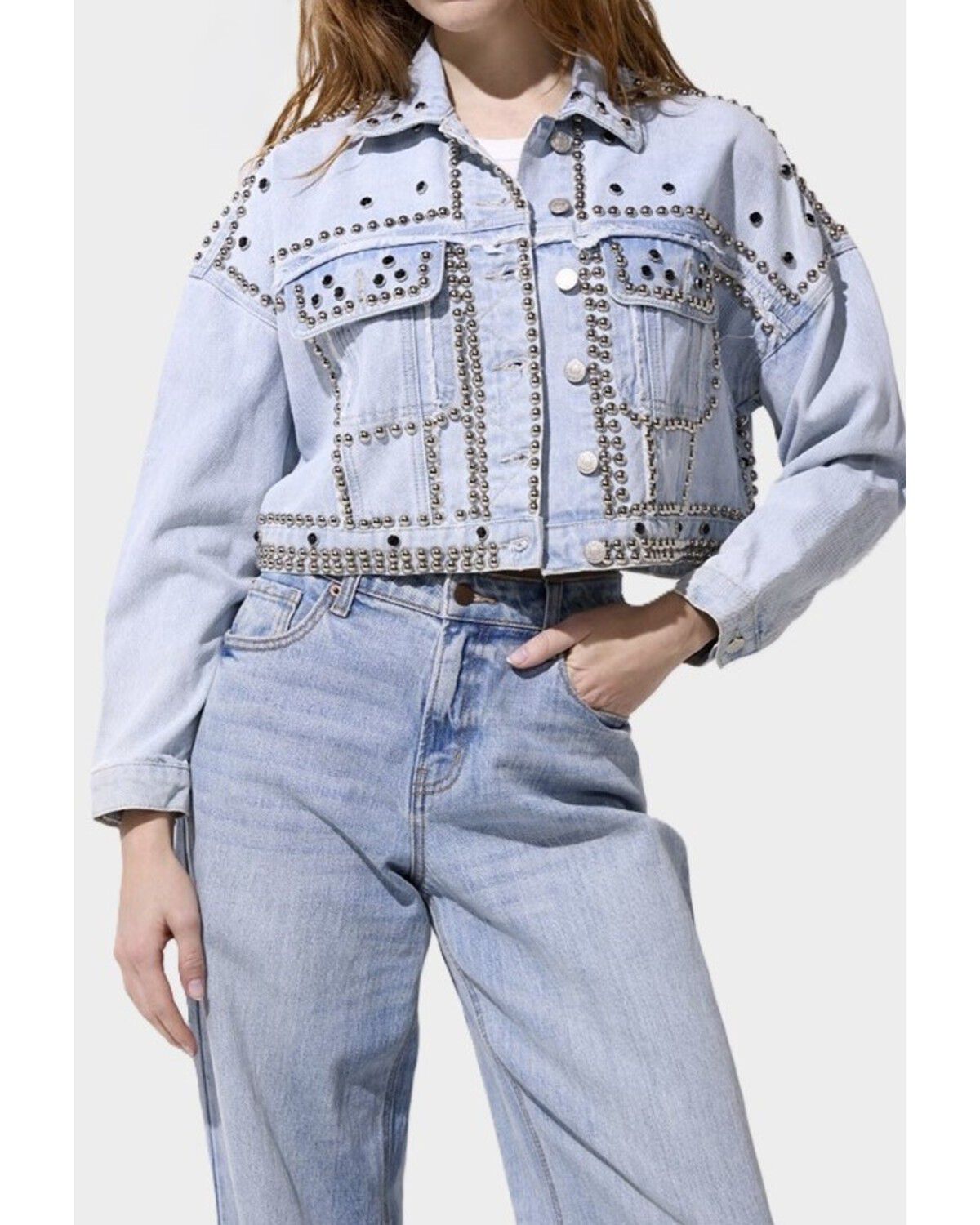 Women's Azalea Wang Jazella Light Wash Denim Studded Jacket