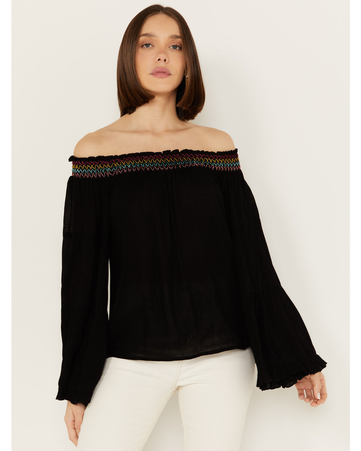 Women's Panhandle Embroidered Off the Shoulder Long Sleeve Top