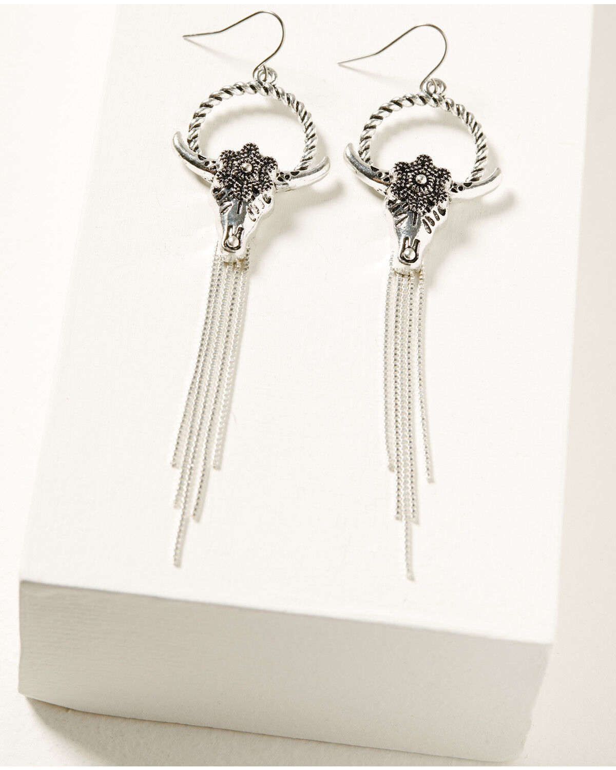 Women's Shyanne Steer Head with Liquid Silver-Toned Fringe Earrings