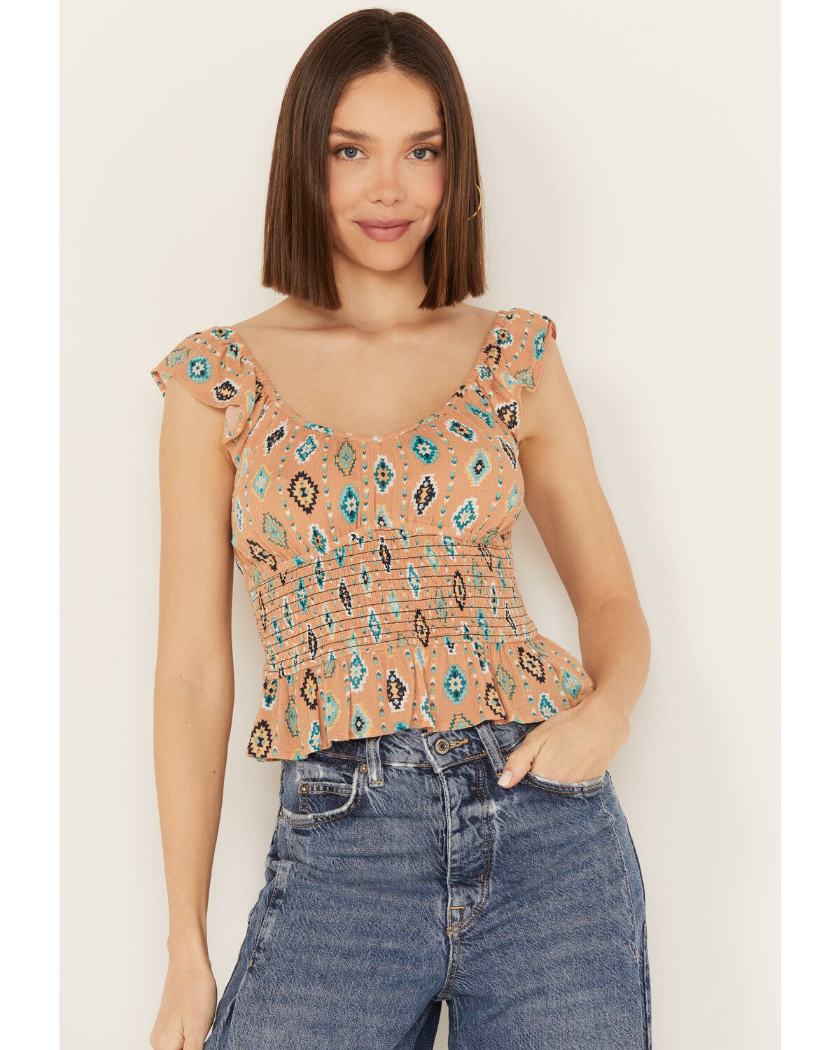 Women's Rock & Roll Denim Southwestern Flutter Sleeveless Top