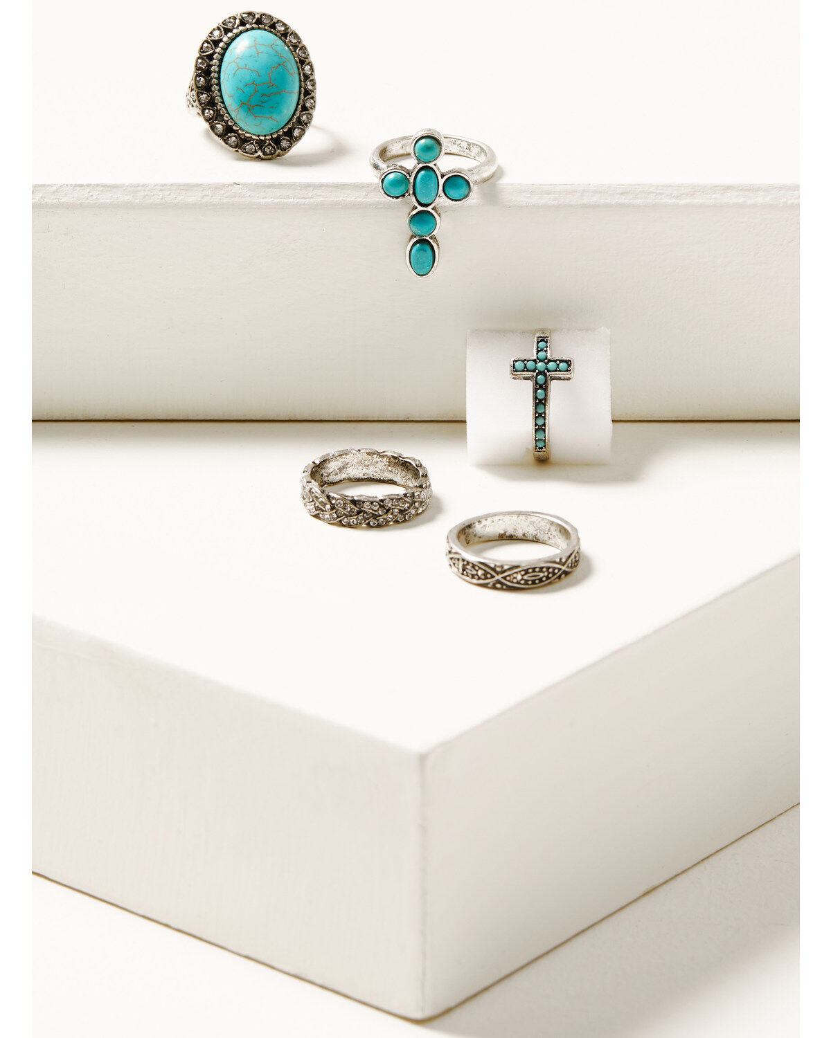 Women's Shyanne Silver & Turquoise Stone Cross 5-piece Ring Set