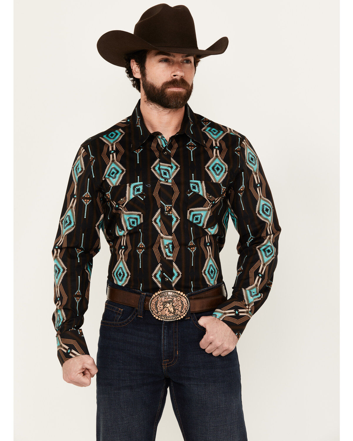 Men's Rock & Roll Denim Southwestern Print Long Sleeve Snap Stretch We
