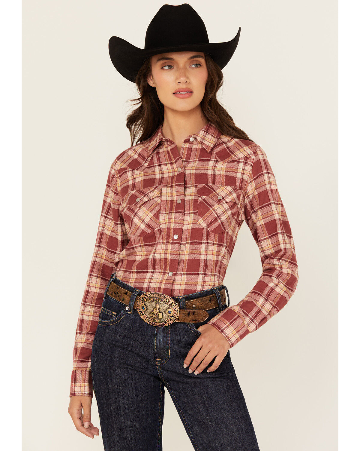 Women's Wrangler Retro Apple Butter Plaid Print Long Sleeve Pearl Snap