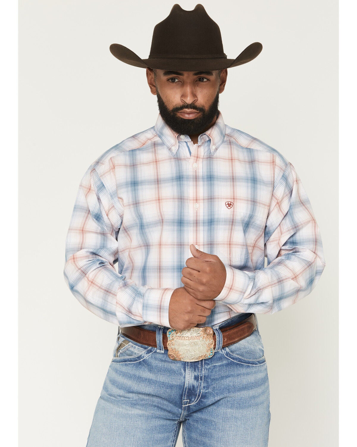 Men's Ariat Pro Series Teddy Plaid Print Long Sleeve Button-Down Weste