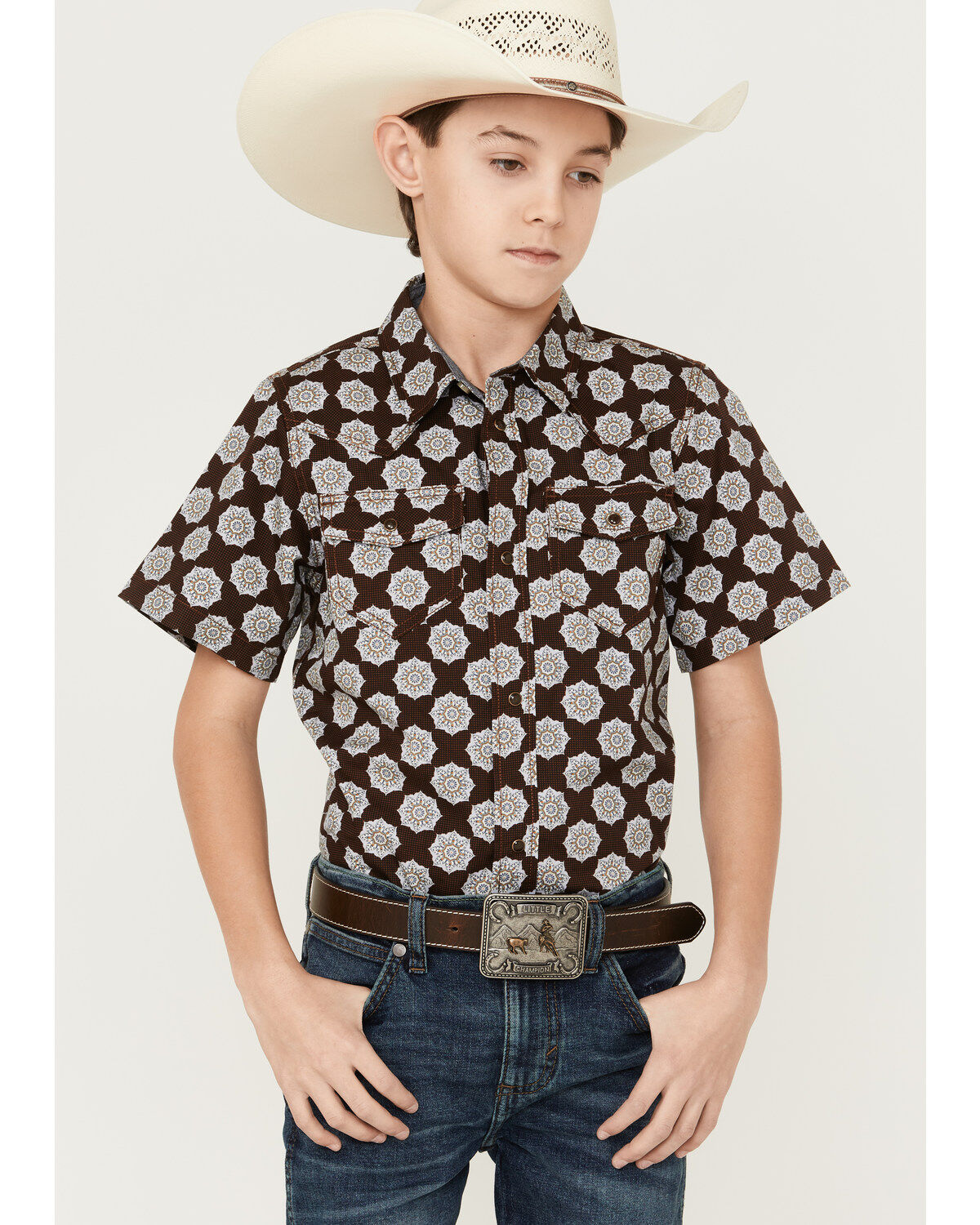 Boys' Cody James Medallion Print Short Sleeve Snap Western Shirt