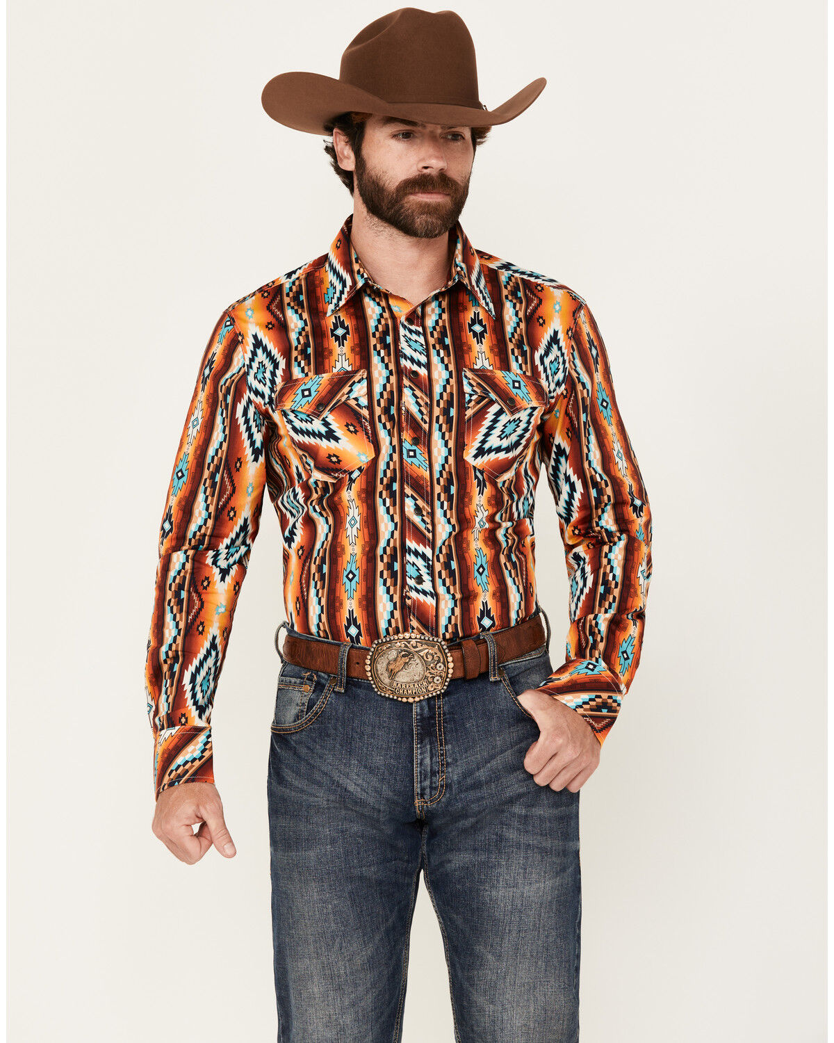 Men's Rock & Roll Denim Southwestern Striped Long Sleeve Snap Stretch