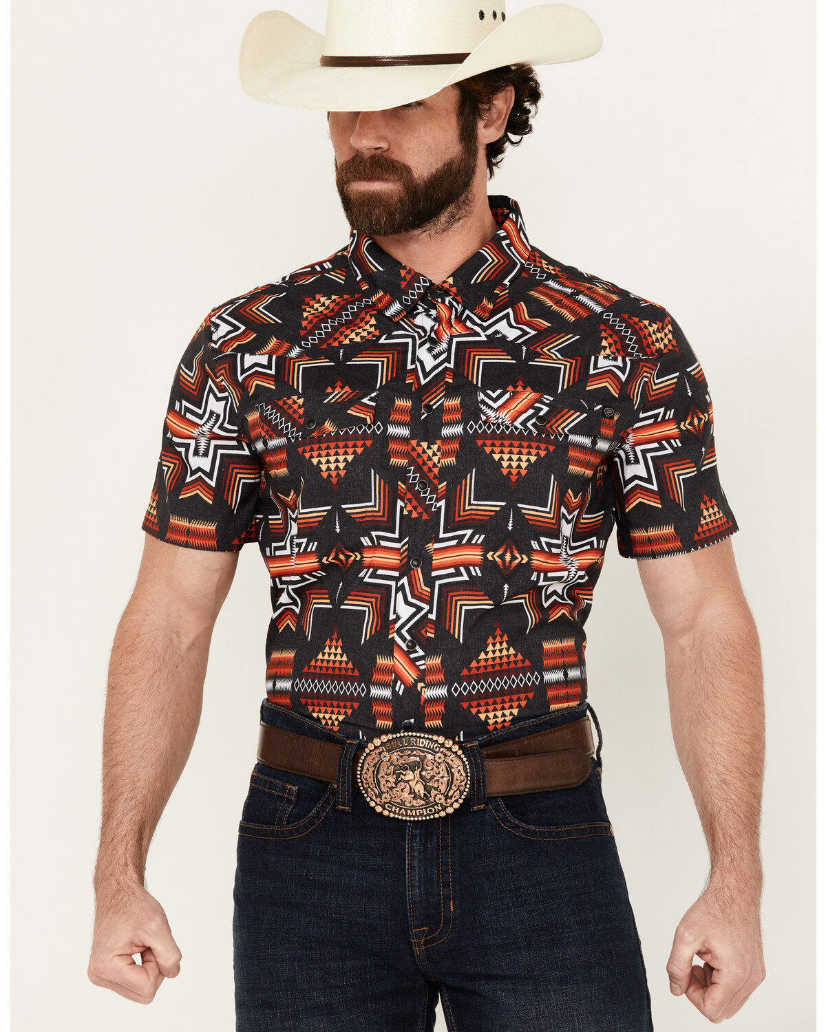 Men's Rock & Roll Denim Southwestern Short Sleeve Snap Western Shirt