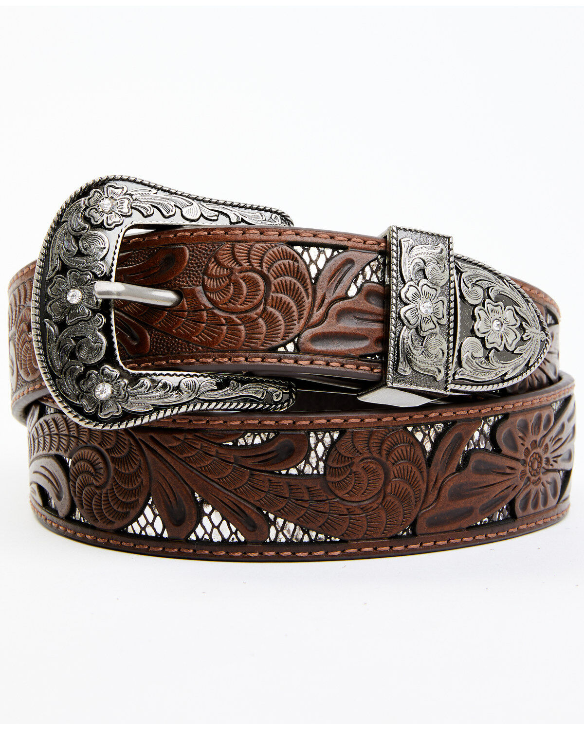 Women's Shyanne Brown Tooled Floral Cut Out Underlay Western Belt