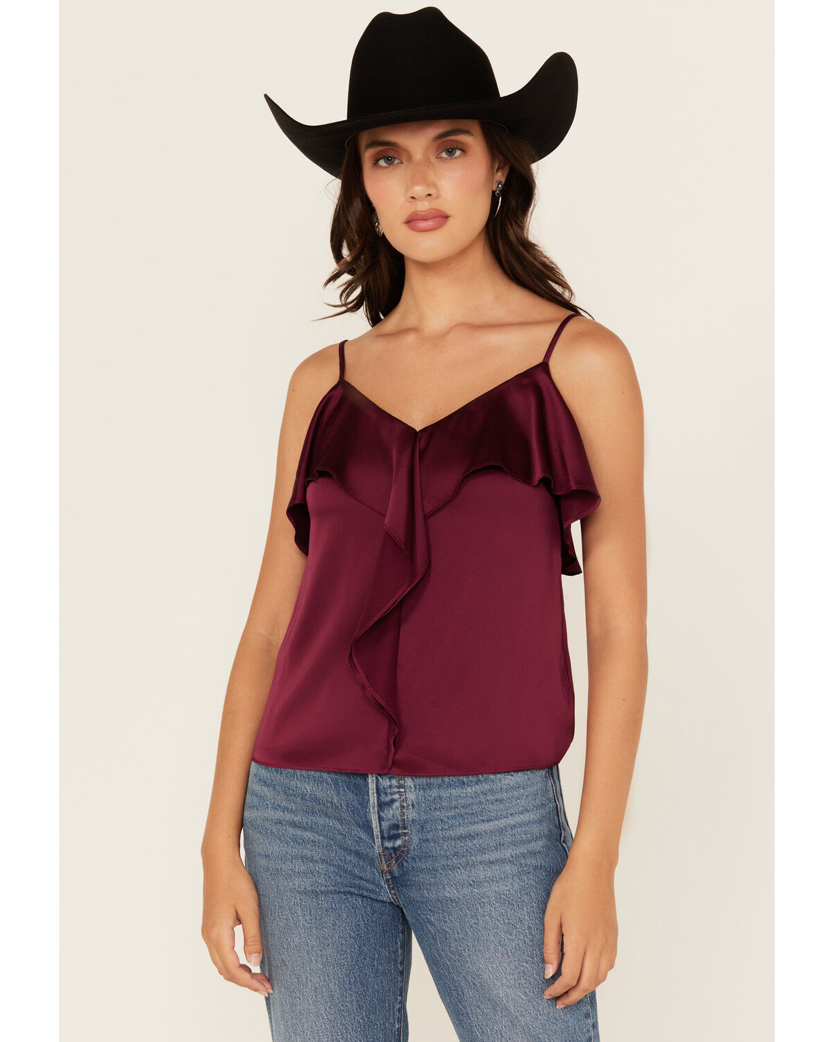 Women's Shyanne Solid Satin Ruffle Front Tank Top
