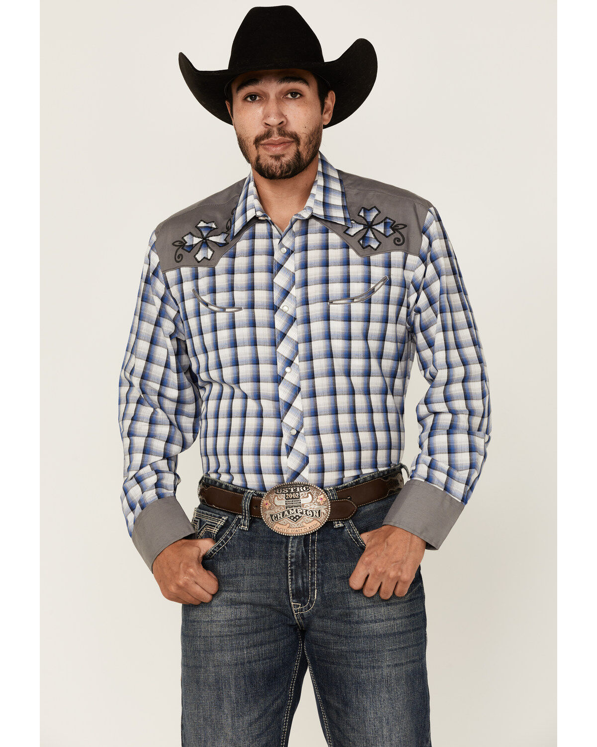 Men's Roper Checkered Embroidered Plaid Print Long Sleeve Pearl Snap W