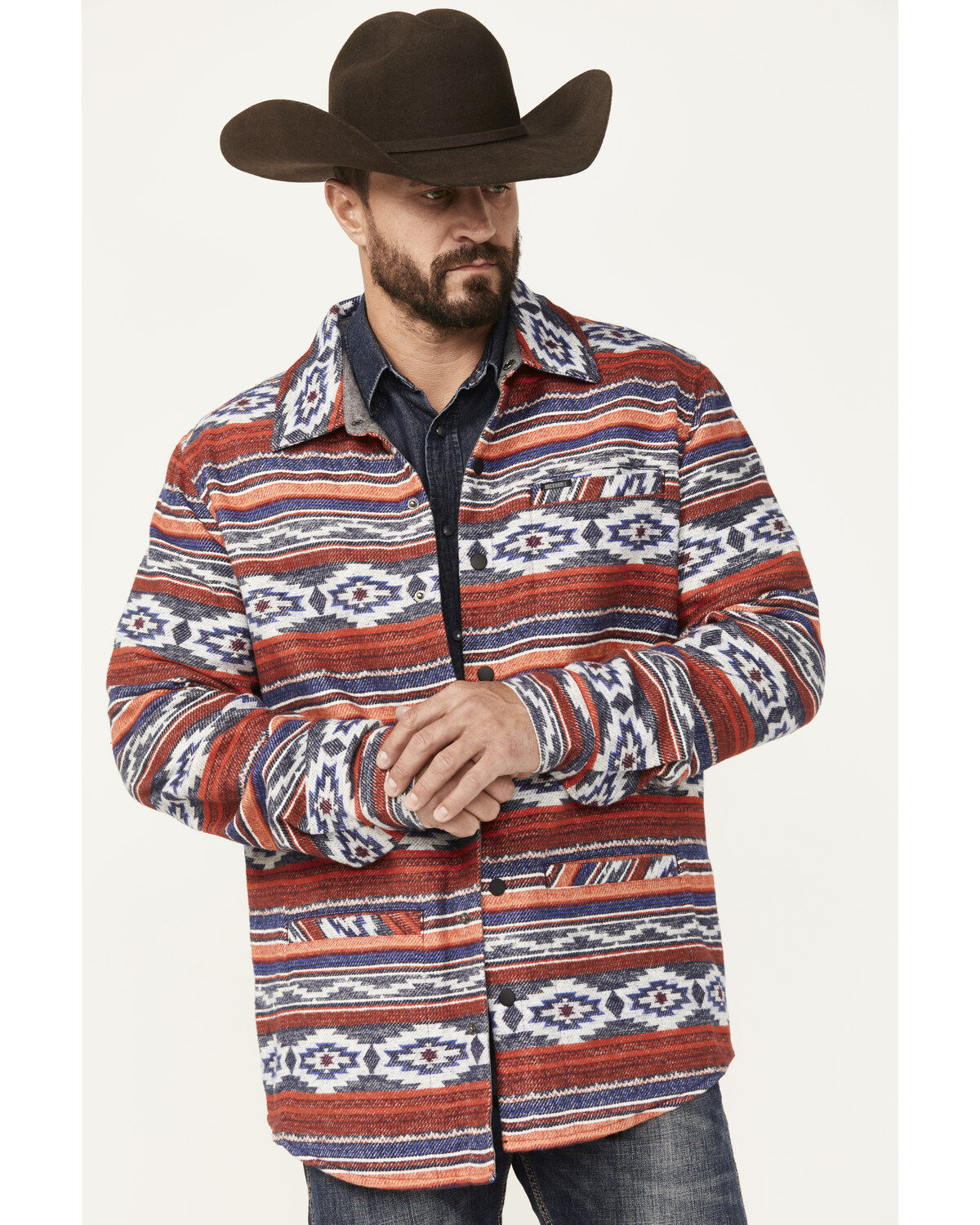 Men's Rock & Roll Denim Southwestern Striped Shirt Jacket