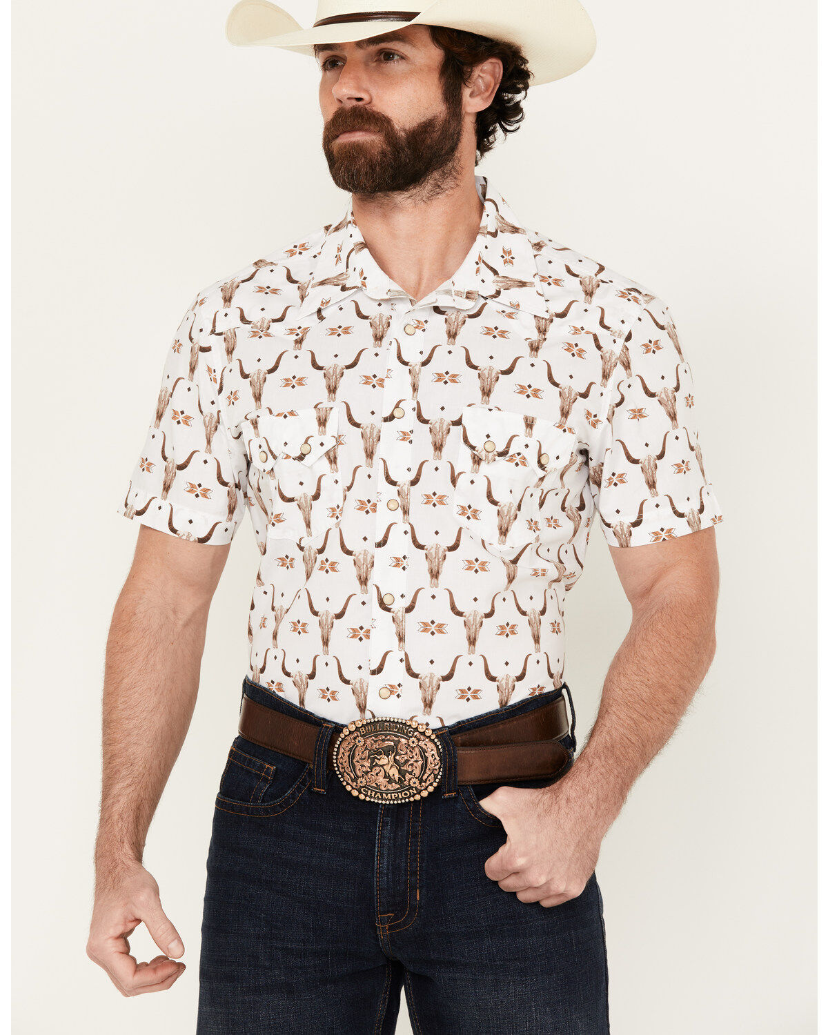 Men's Rock & Roll Denim Vintage '46 Steer Head Print Short Sleeve Snap