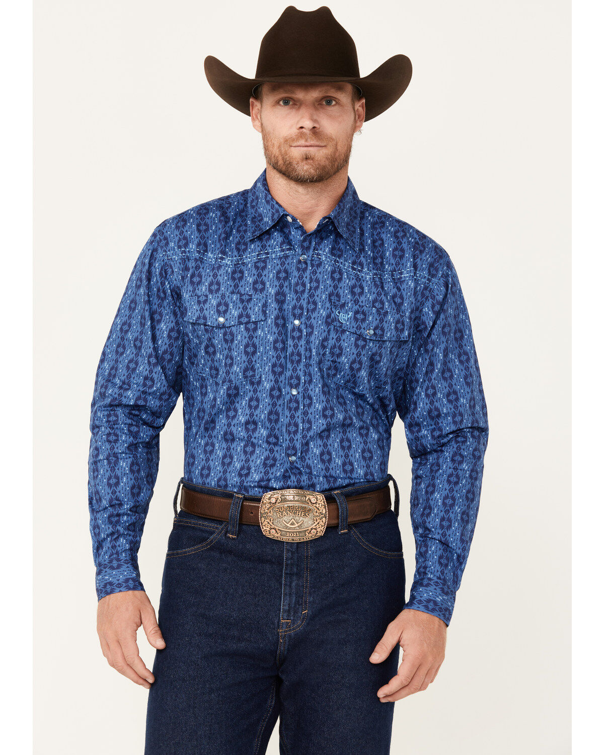 Men's Cowboy Hardware Tonal Southwestern Print Long Sleeve Pearl Snap