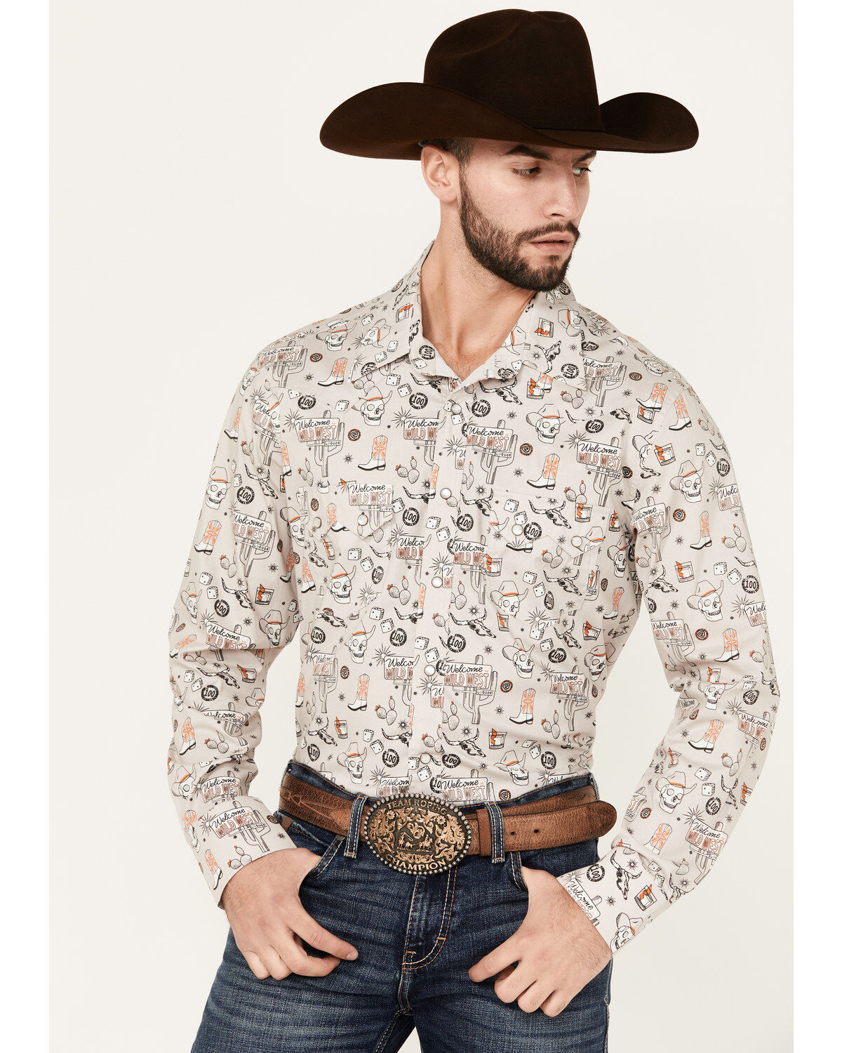 Men's Rock & Roll Denim Tattoo Print Long Sleeve Pearl Snap Stretch We