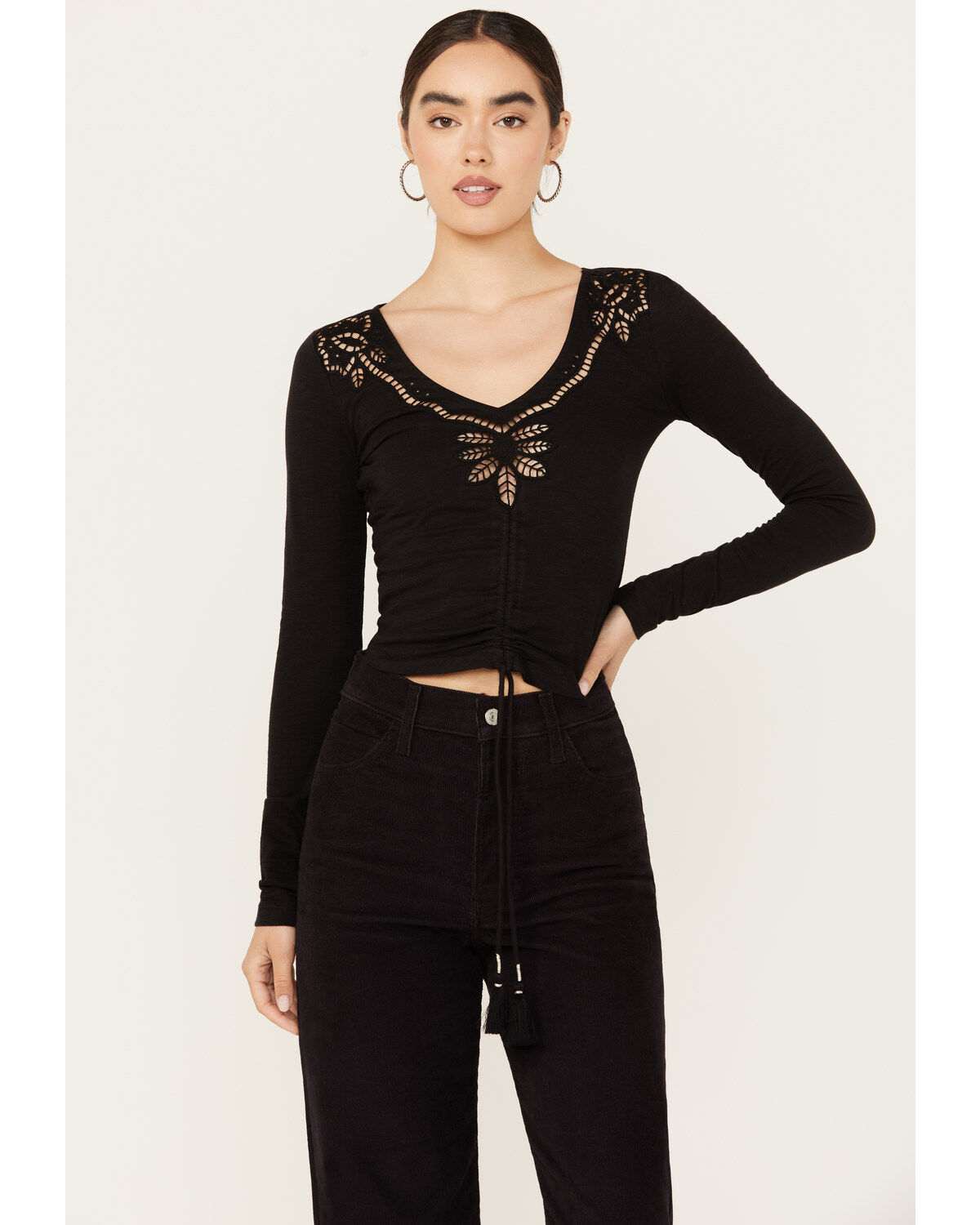 Women's Shyanne Long Sleeve Cutwork Front Tie Top