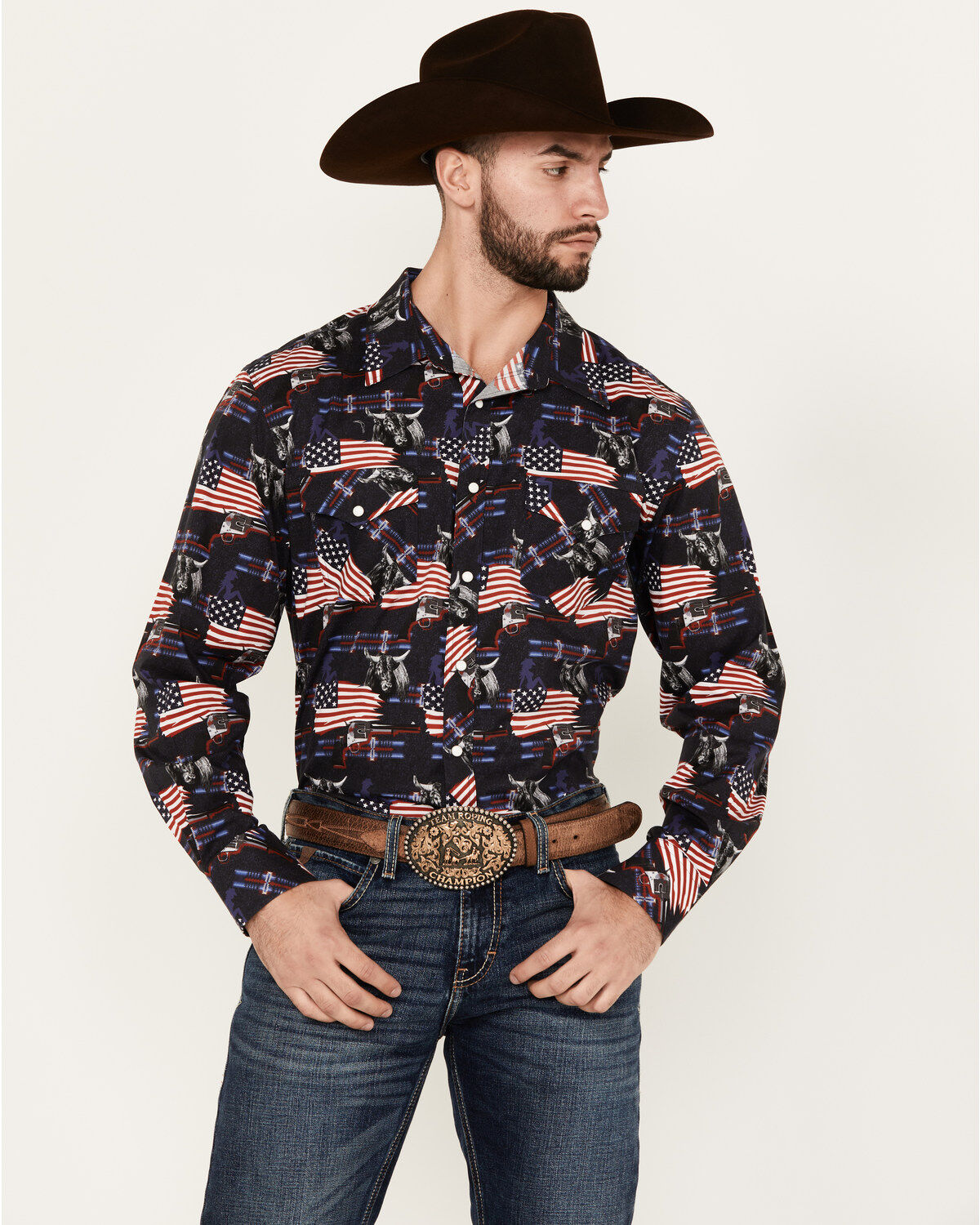 Men's Rock & Roll Denim Americana Print Long Sleeve Snap Stretch Weste