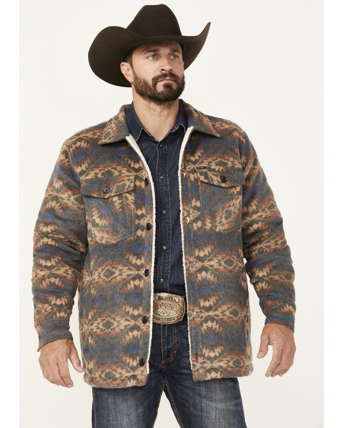 Men's Rock & Roll Denim Southwestern Sherpa Lined Shirt Jacket