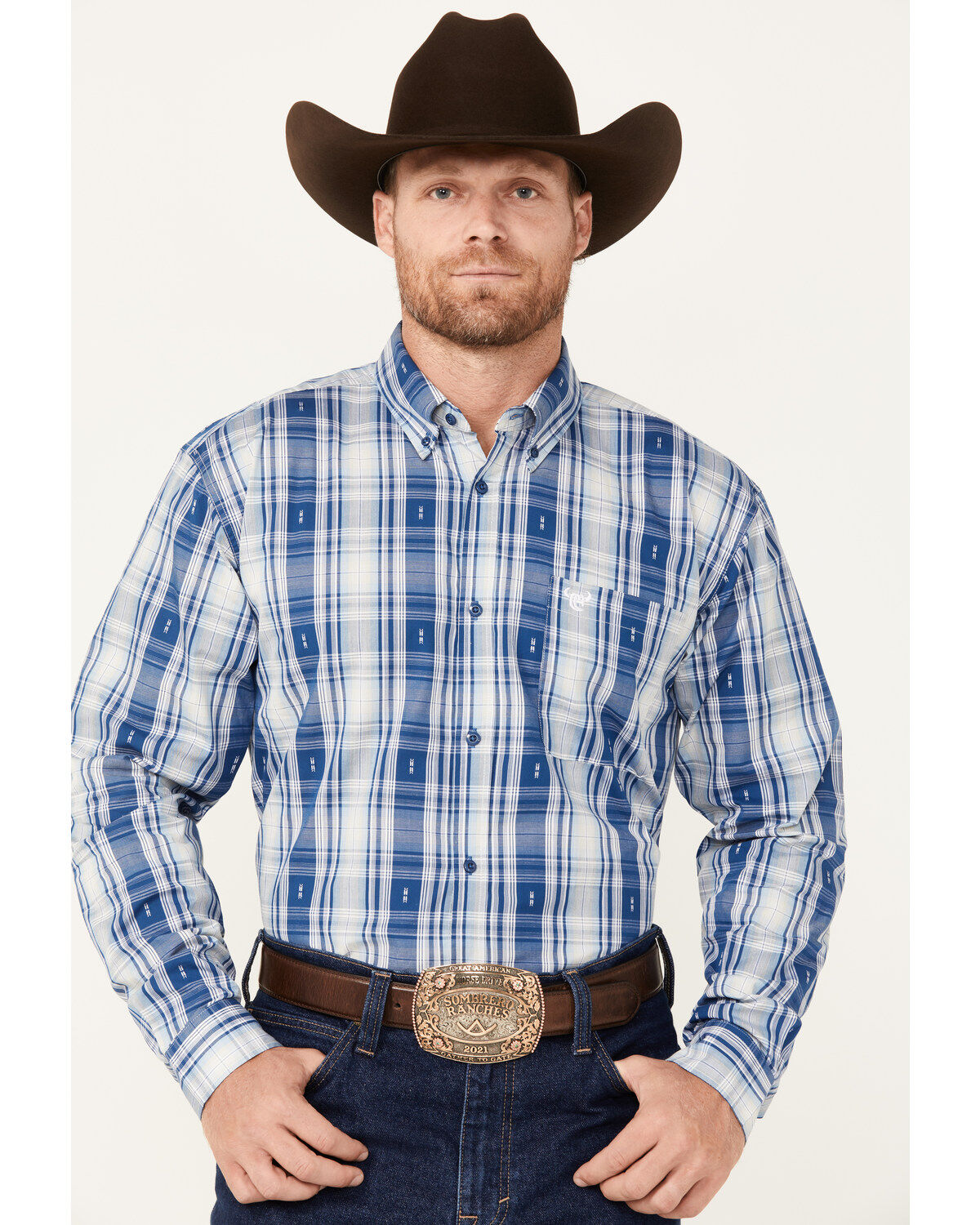 Men's Cowboy Hardware Jacquard Plaid Print Long Sleeve Button-Down Wes
