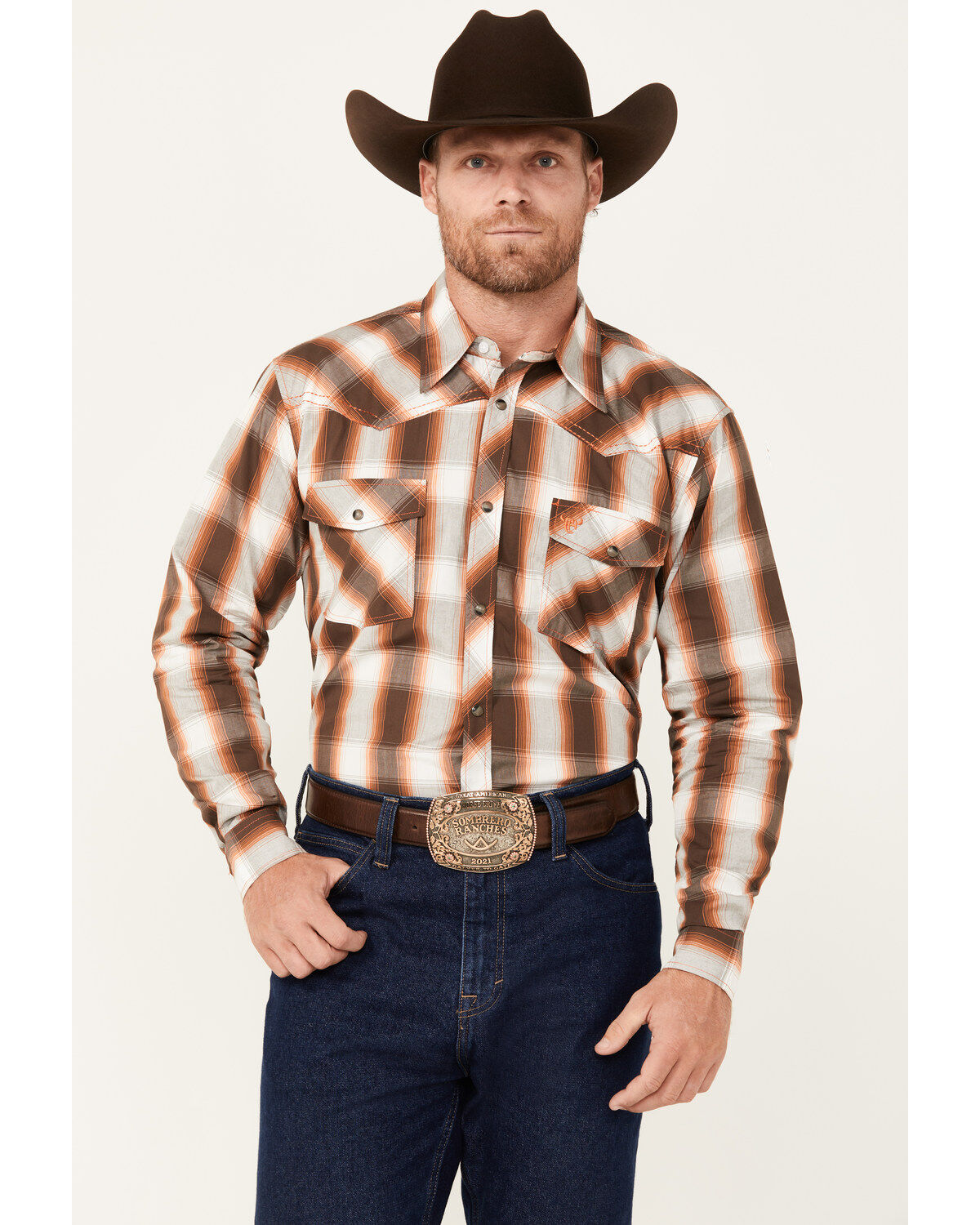 Men's Cowboy Hardware Hombre Plaid Print Long Sleeve Snap Western Shir