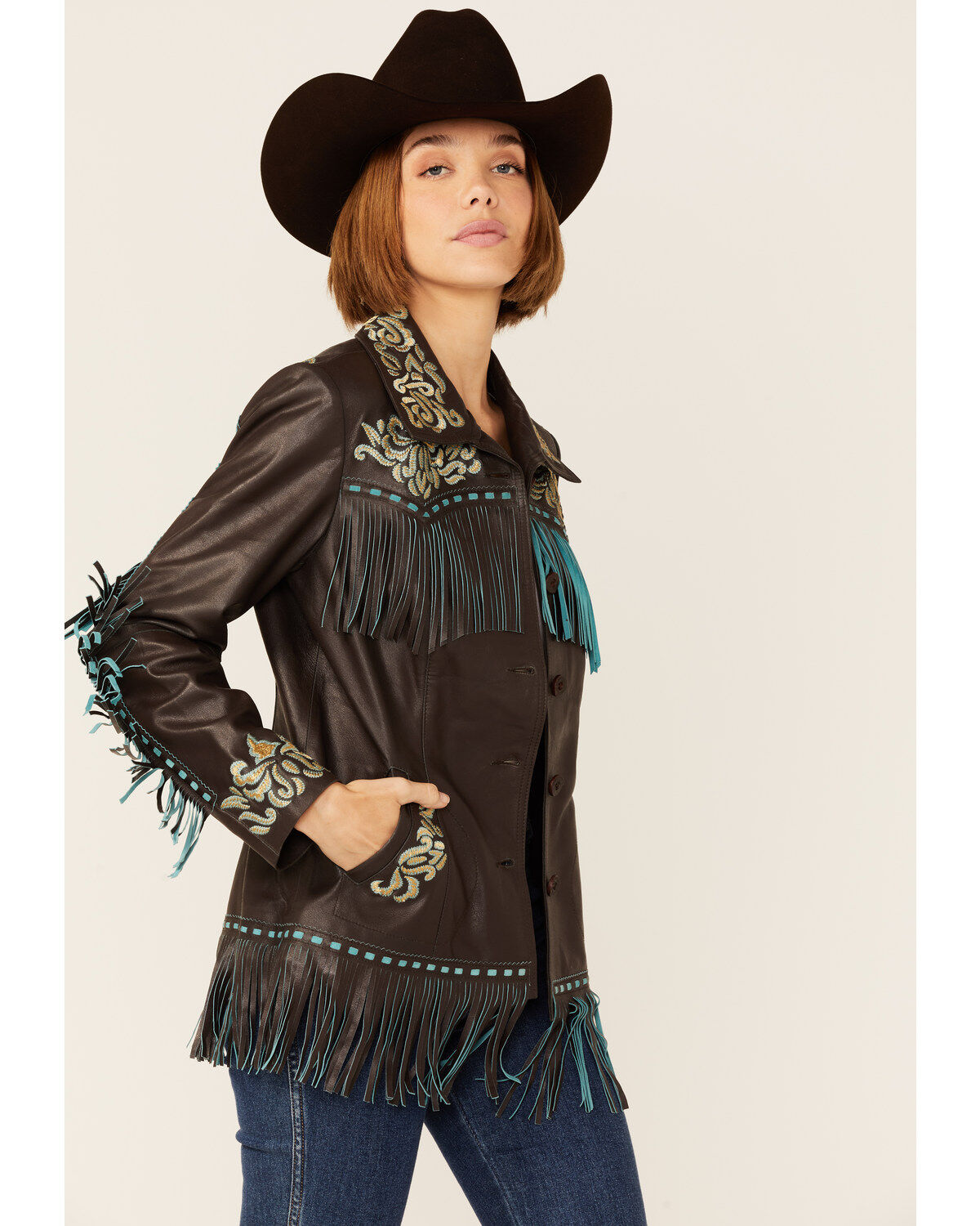 Women's Scully Brown & Turquoise Embroidered Yoke & Fringe Suede Leath